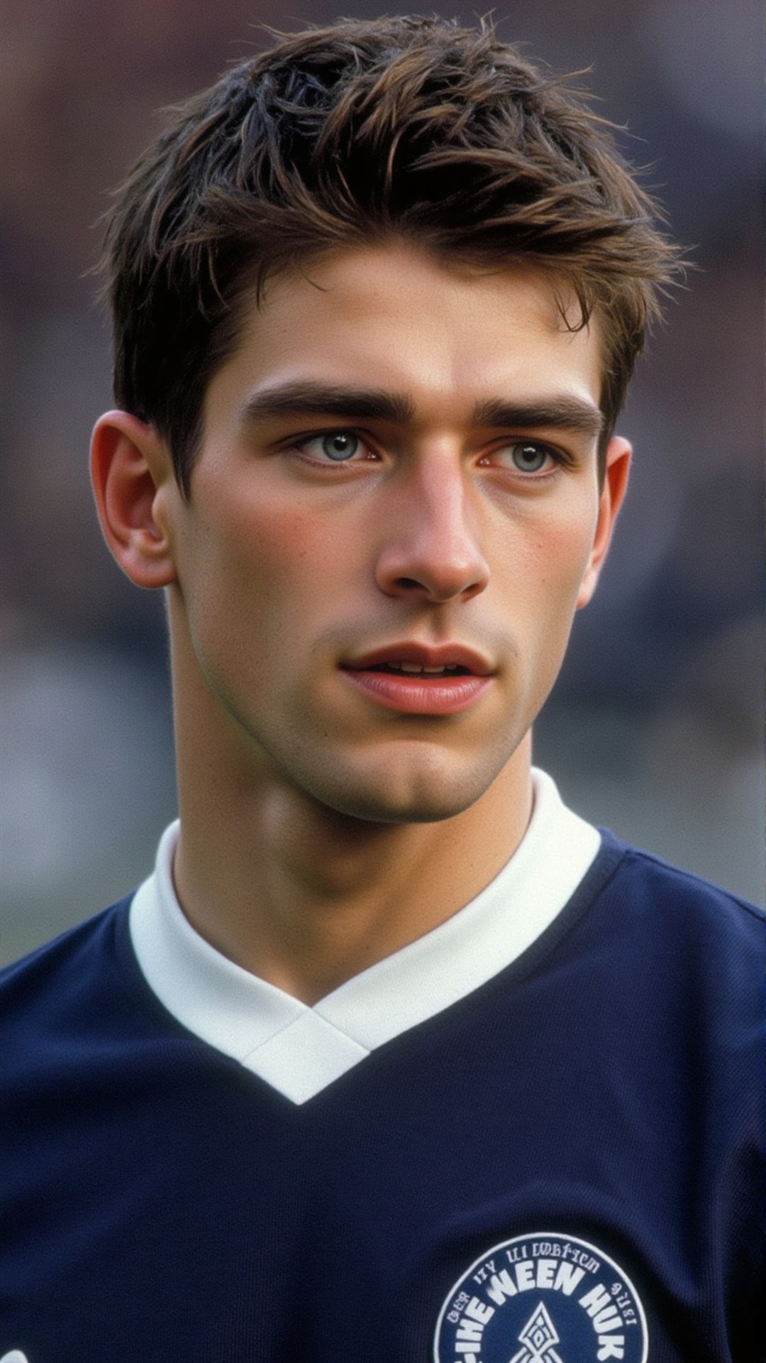 a 2000s paparazzi photo of a 18 years old handsome young man,  he is wearing a tight dark blue soccer jersey. He is very a...