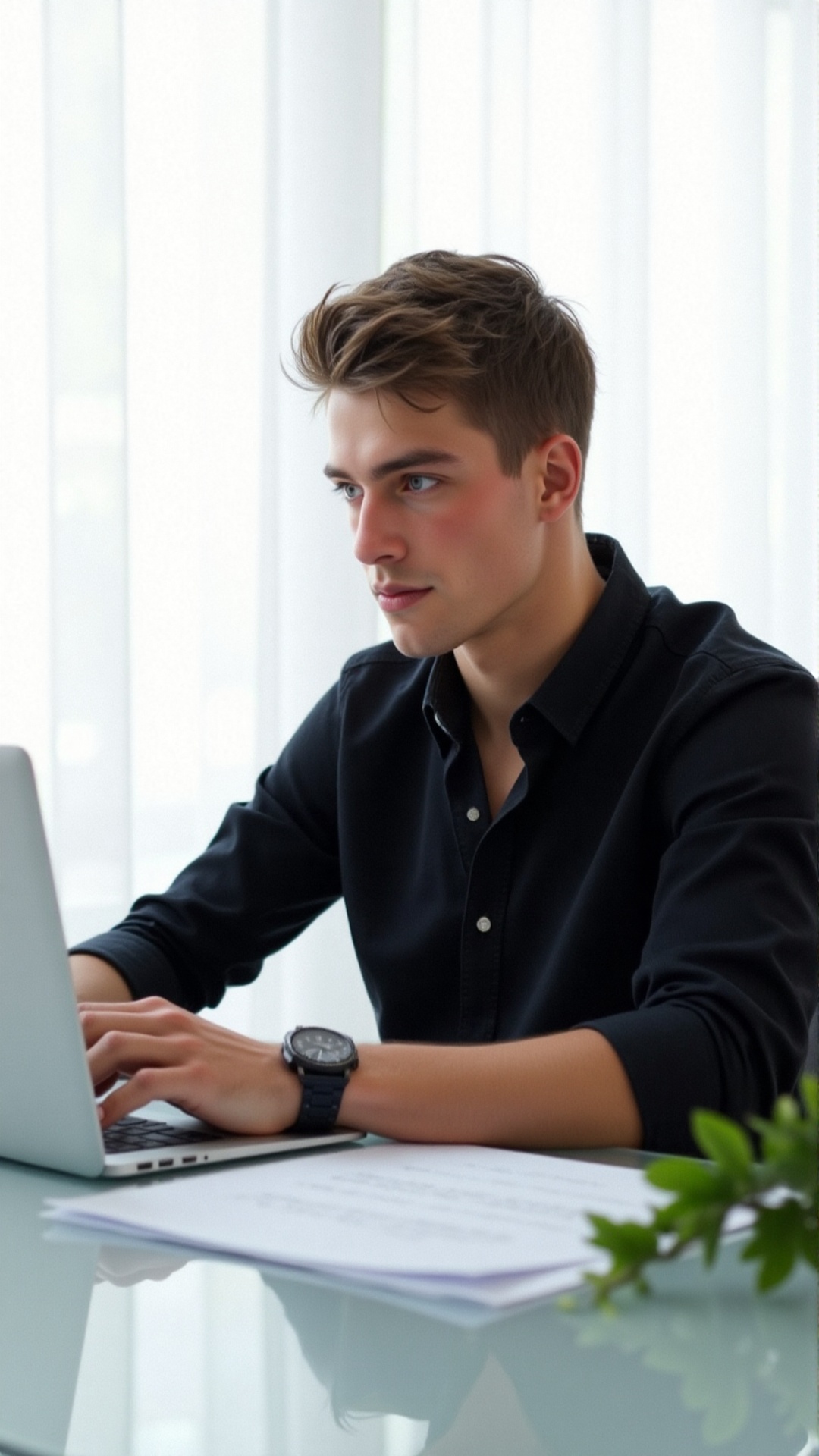 a young man sitting at a desk working on a laptop. The individual is wearing a black button-up shirt and a black wristwatc...