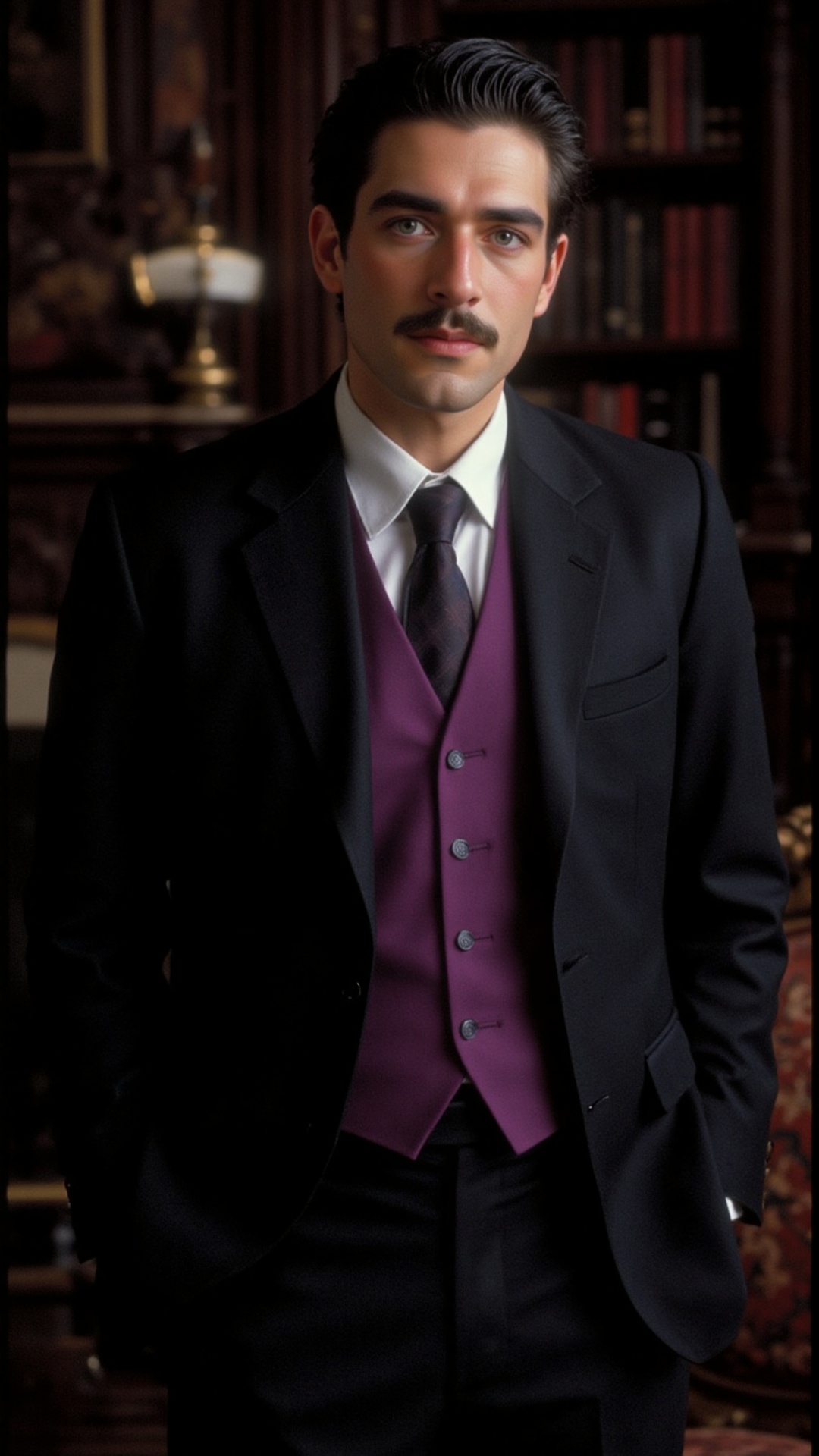 a distinguished gentleman (Mortimer Goth) from the late 19th to early 20th century. He has slicked-back black hair,  a nea...