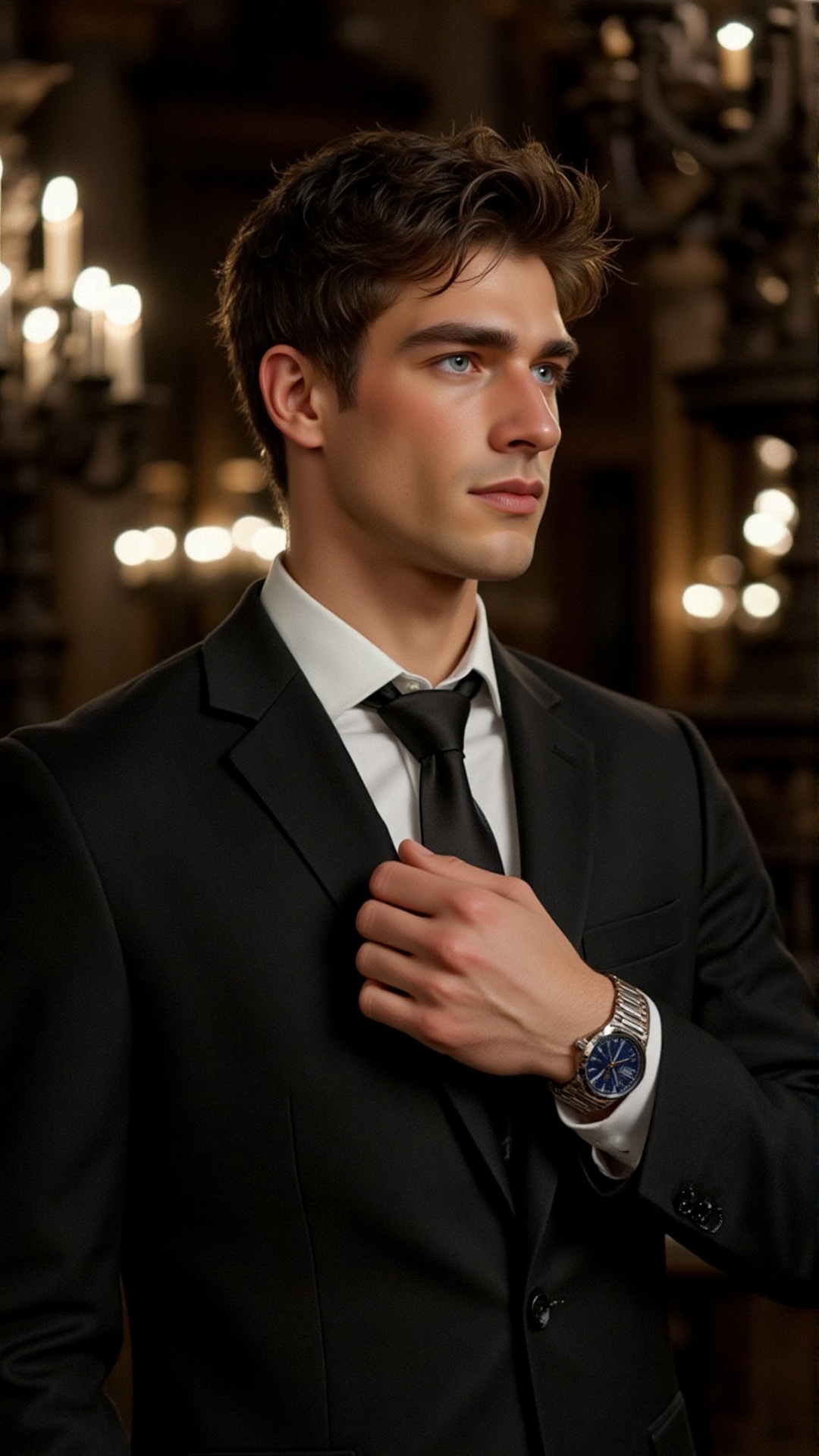 A young man with chiseled facial features,  striking blue eyes,  and tousled dark brown hair on Tensor.Art