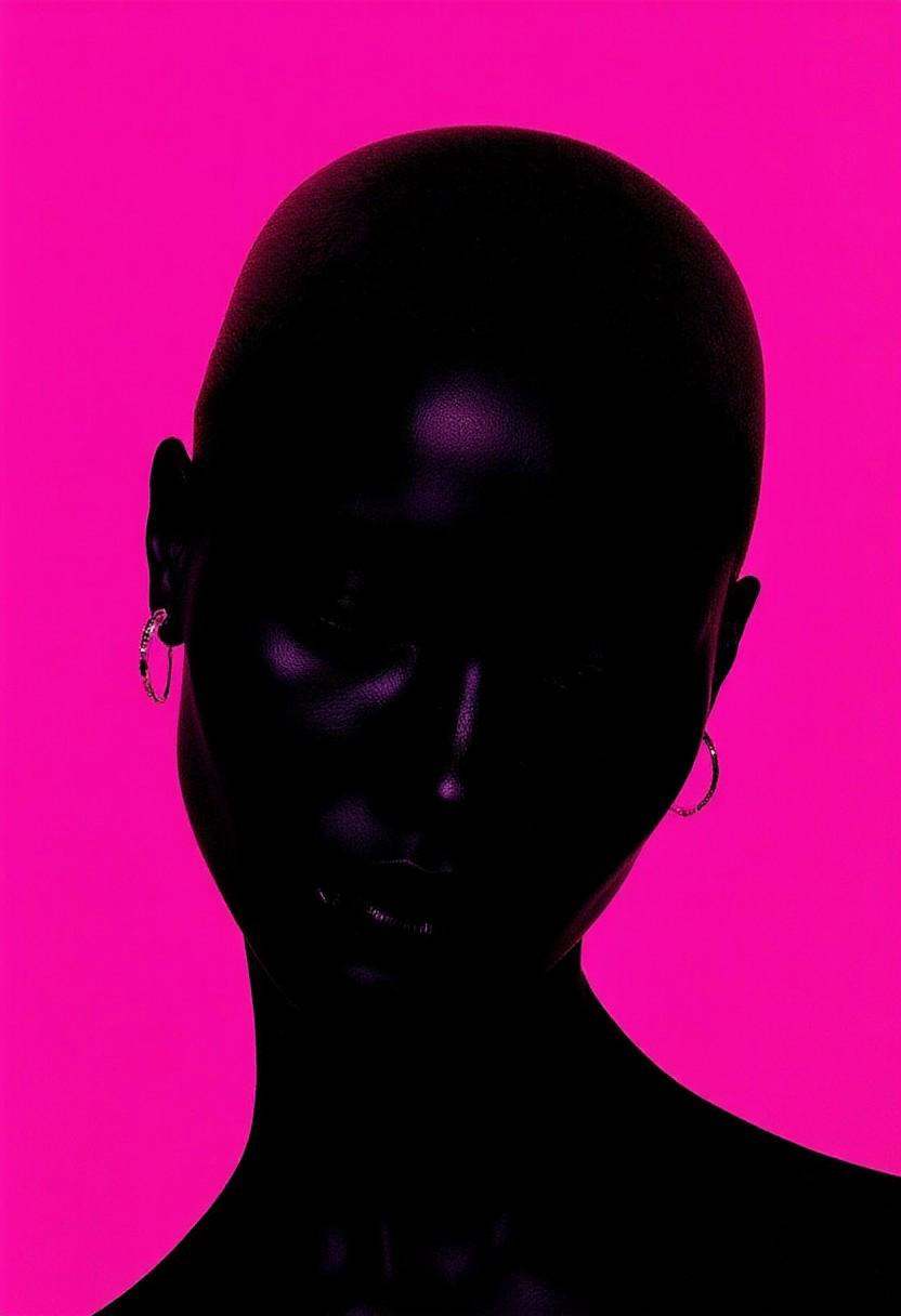 A stark,  high-contrast portrait of a ethiopian woman with sharp facial features and a clean shaven head. Her skin is rend...