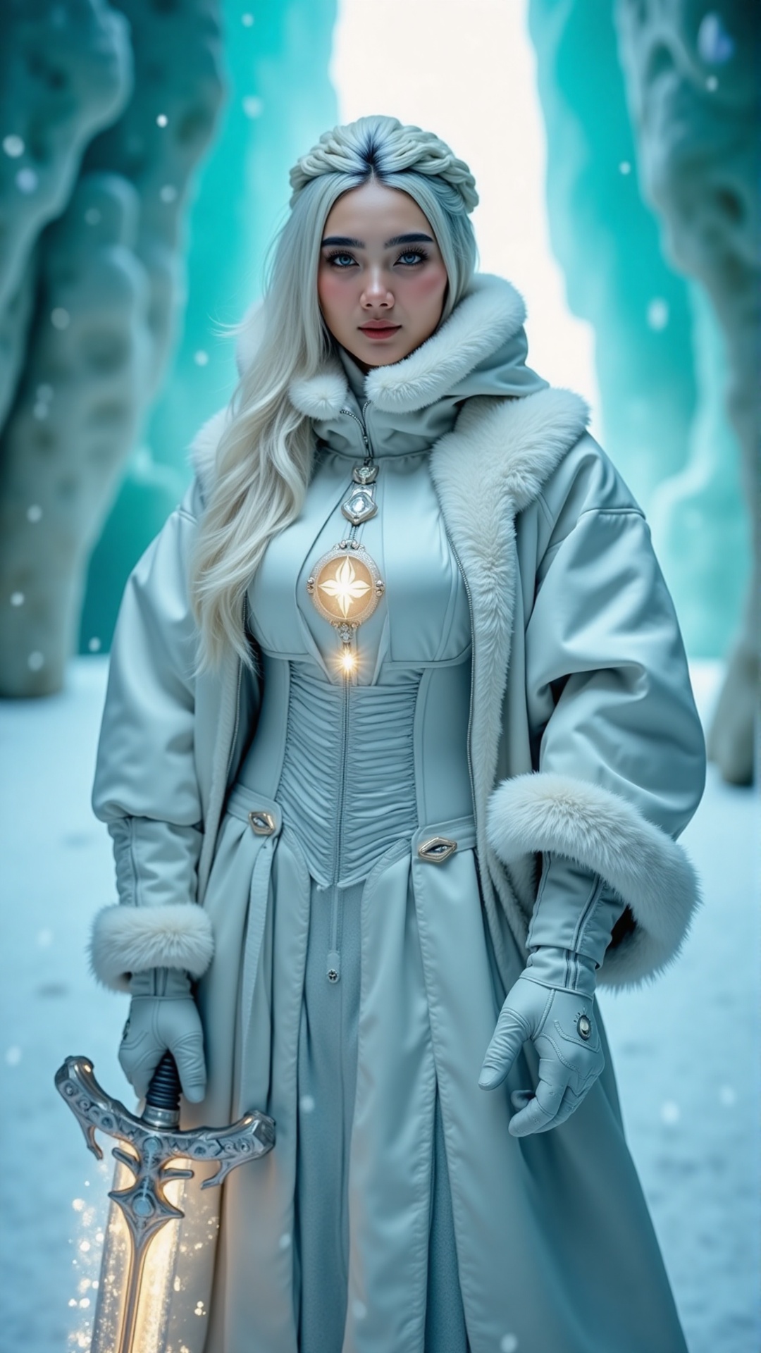 A highly detailed,  best quality,  high quality half-body portrait (head to knee) of a young white woman with platinum blo...