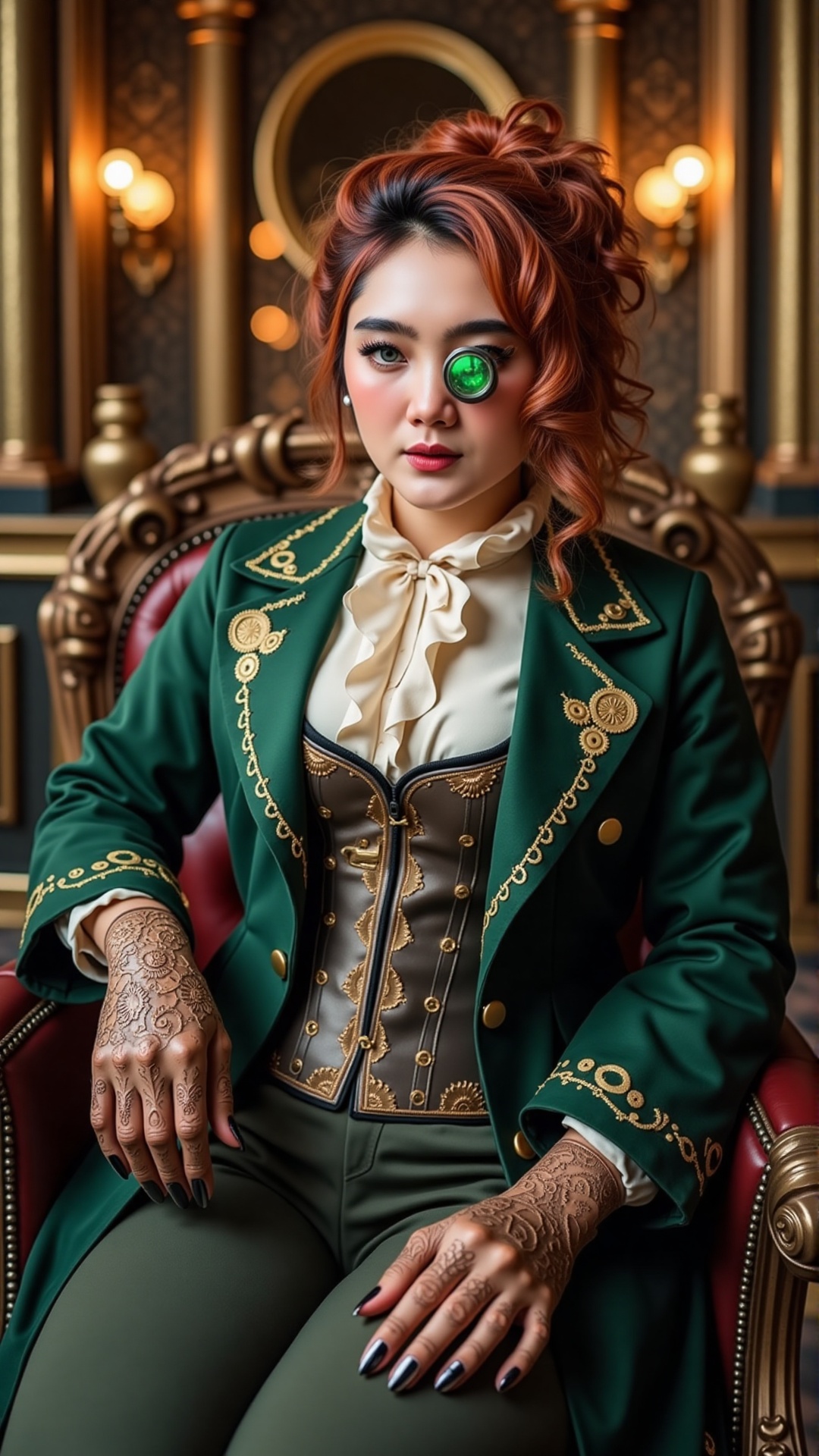 A highly detailed,  best quality,  high quality half-body portrait (head to knee) of a young white woman with auburn curls...