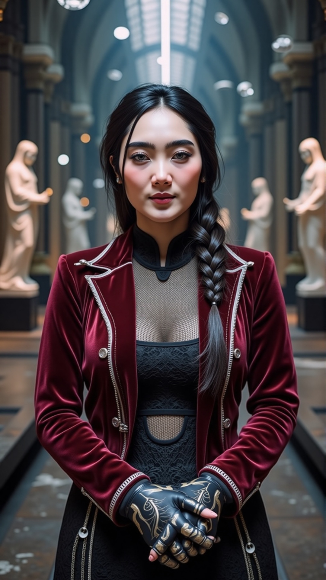 A highly detailed,  best quality,  high quality half-body portrait (head to knee) of a young white woman with jet-black ha...