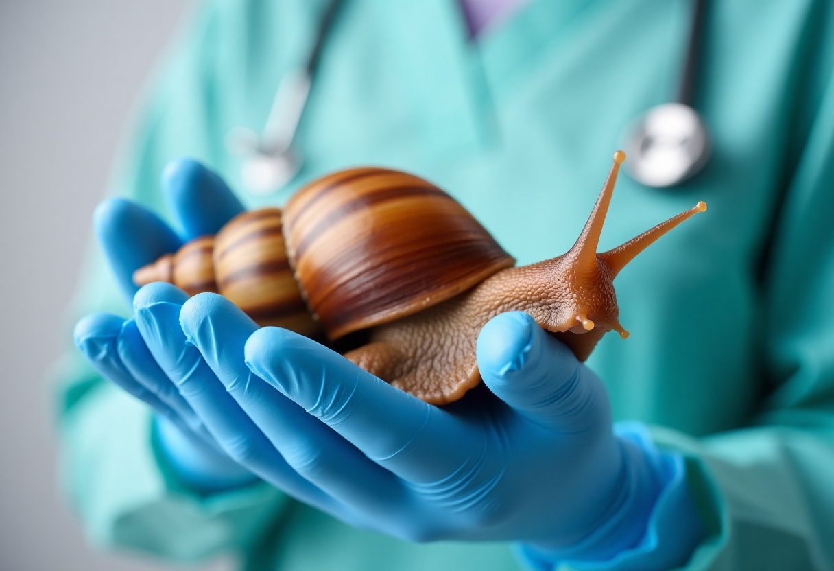 realistic side view studio photo of giant african snail achatine in hand of vet with 5 fingers in blue protective glove ag...