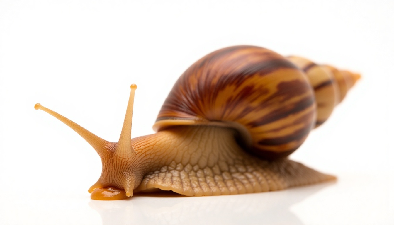 giant african snail achatine eating strrawverry on white background,  natural light,  achatina on Tensor.Art