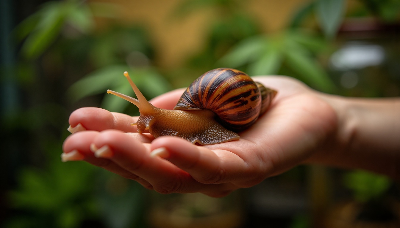 realistic studio photo of giant african snail achatine on the open palm on a woman against terrarium background,  natural...