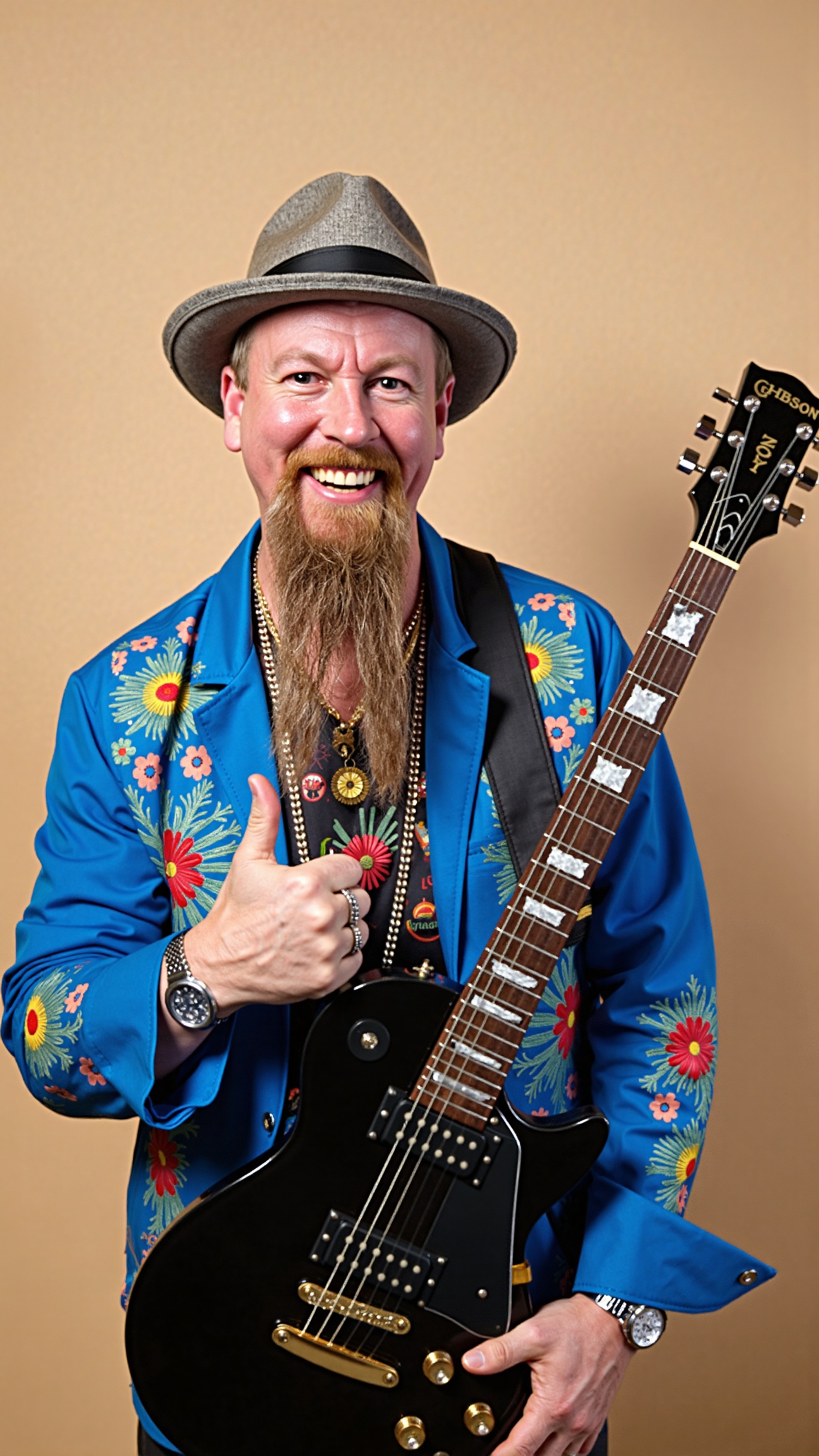 This is a high-resolution photograph featuring a man with a striking appearance. He has a long,  flowing,  beard that casc...