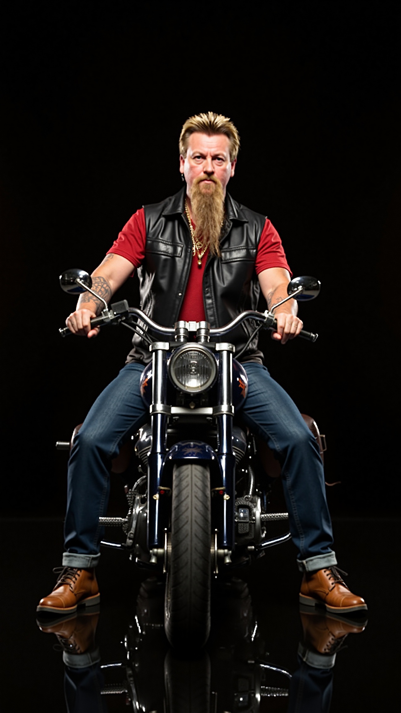 This is a high-resolution photograph of a man sitting on a vintage motorcycle. He has a rugged,  weathered appearance,  wi...