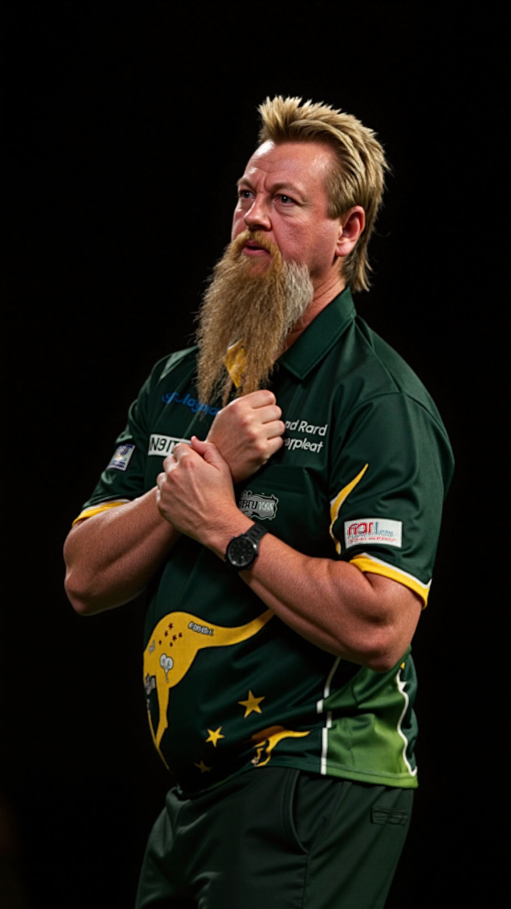 This is a photograph of a man standing against a dark background,  likely at a darts event. The man is dressed in a green...