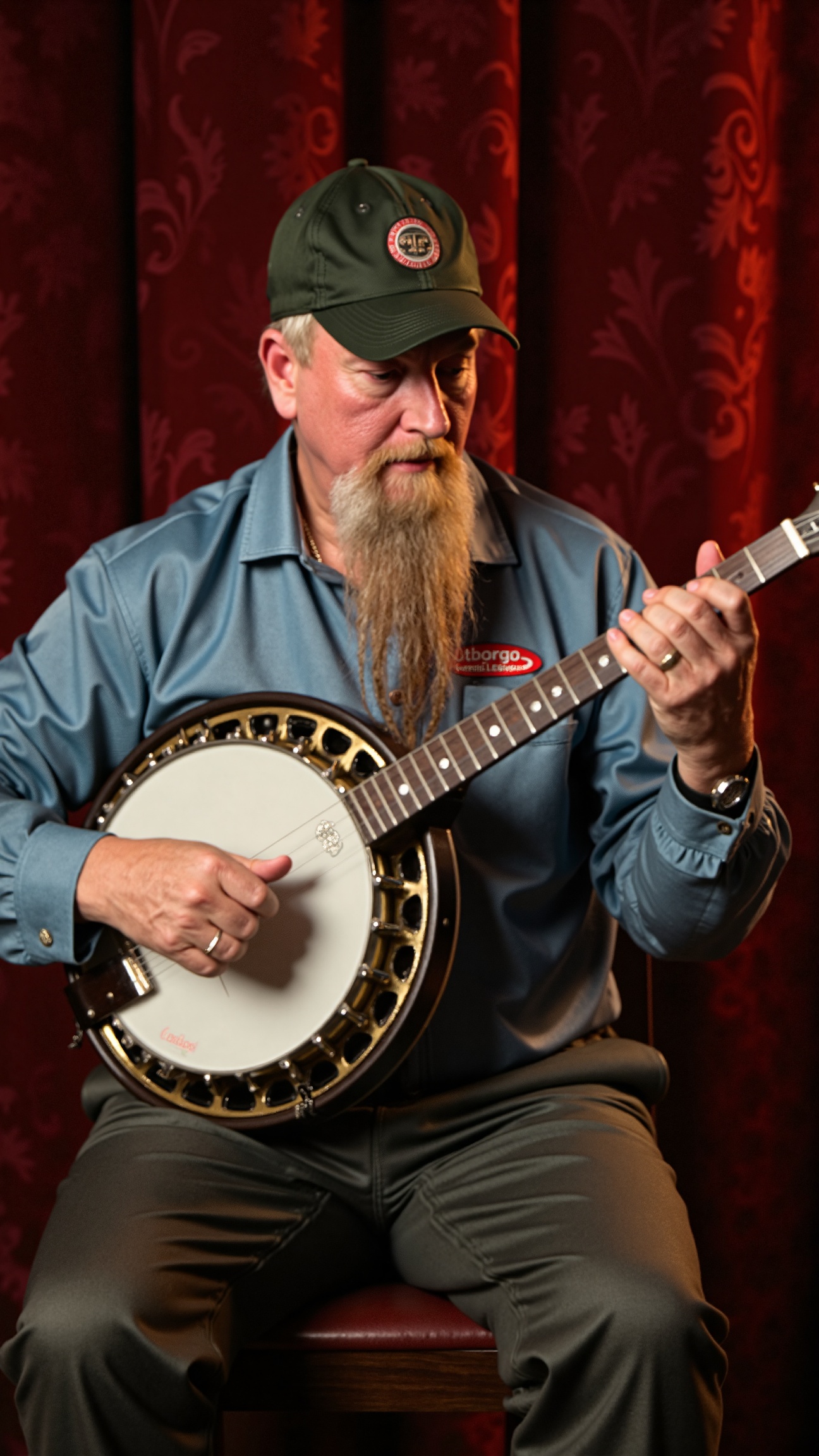 This is a photograph of an elderly man playing a banjo. He sits on a simple,  dark-colored chair against a backdrop of ric...