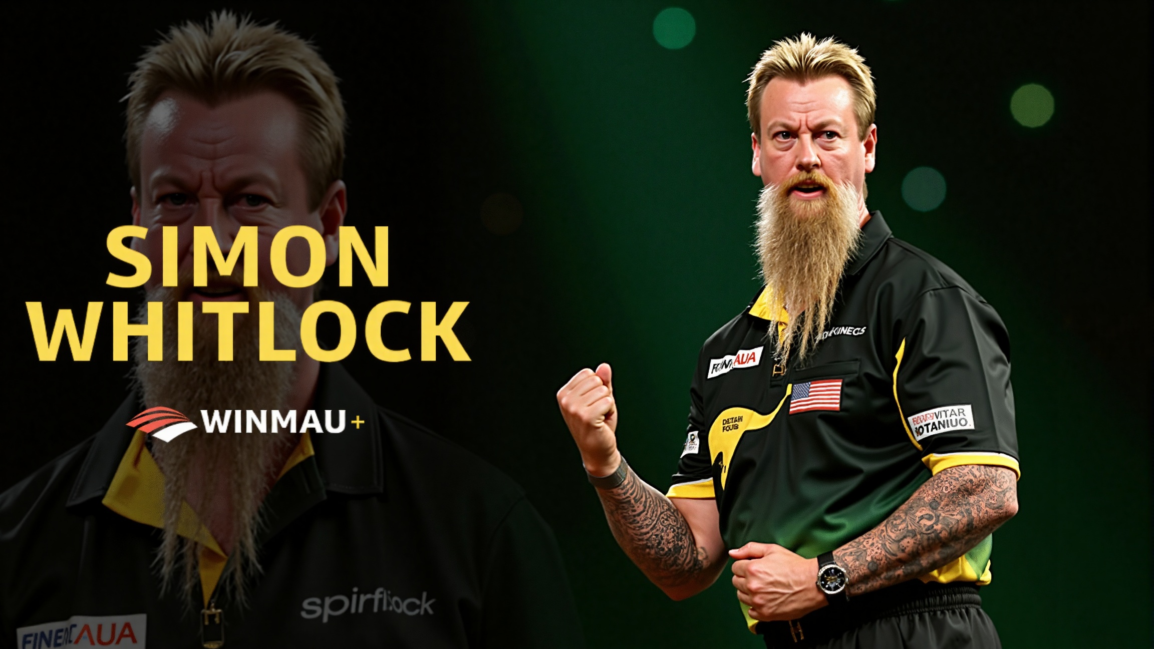 This image is a digitally composed photograph featuring a darts player named Simon Whitlock. The photograph is divided int...