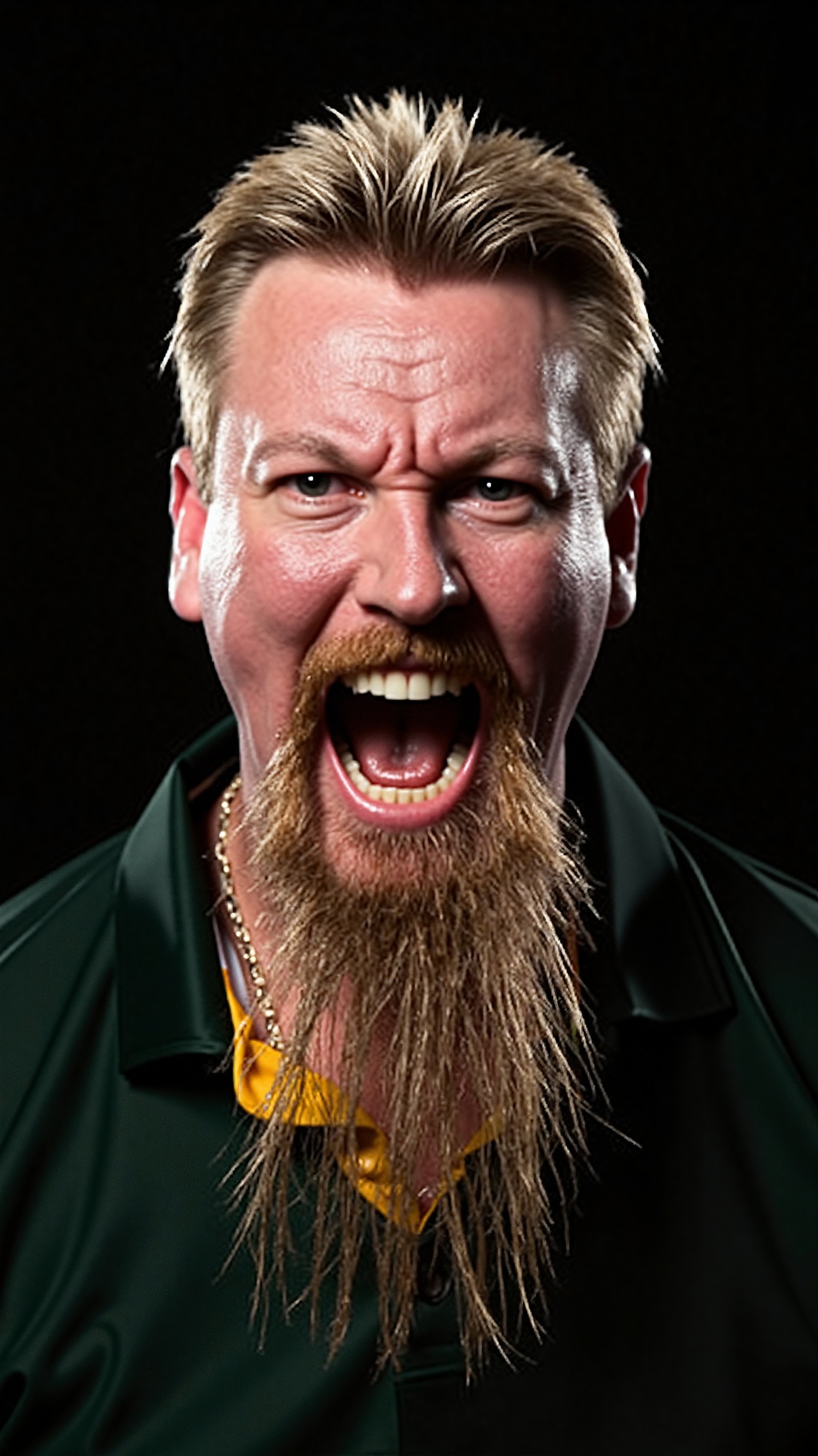 This image is a high-resolution photograph of a man with a rugged,  intense expression,  captured against a solid black ba...