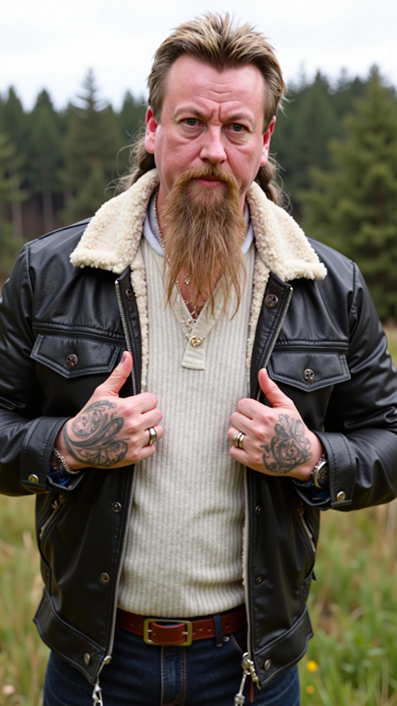 This photograph features a tall,  bearded man standing outdoors in a natural,  slightly blurred background of grass and tr...