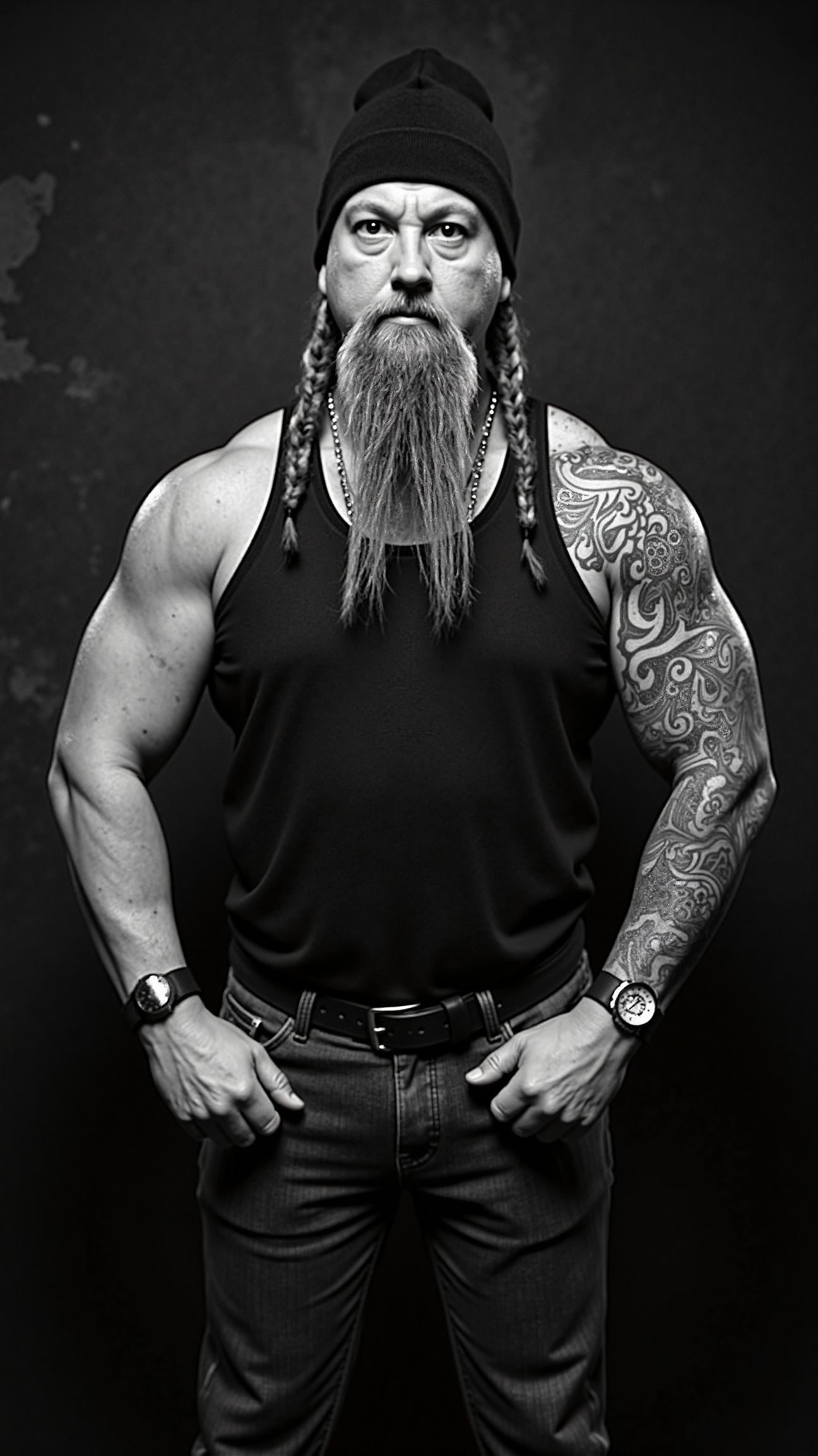 This is a black-and-white photograph of a muscular man with a rugged,  intense look. The subject stands confidently in the...