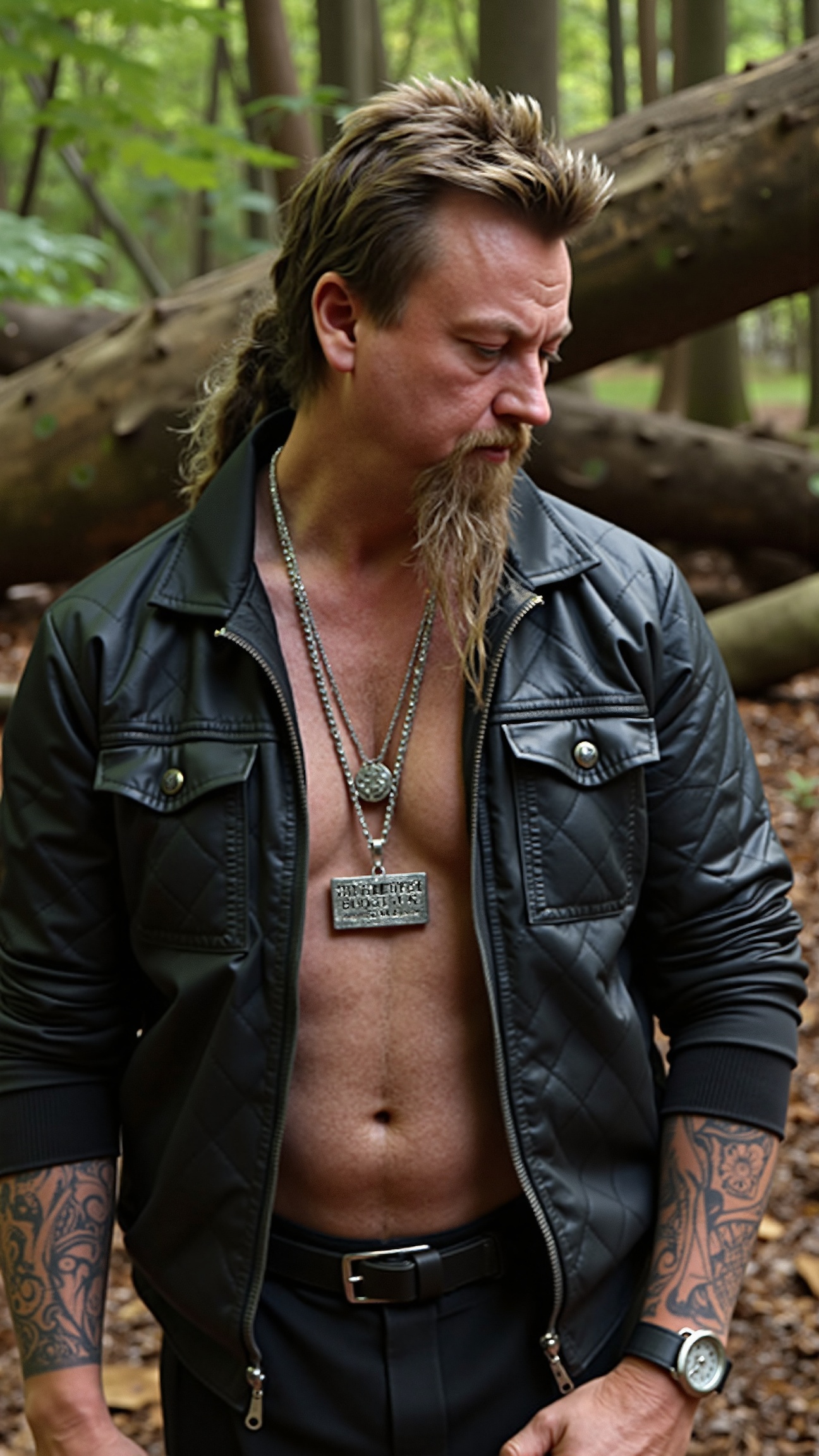 This is a high-resolution photograph featuring a man with a rugged,  masculine appearance. He stands outdoors in a foreste...