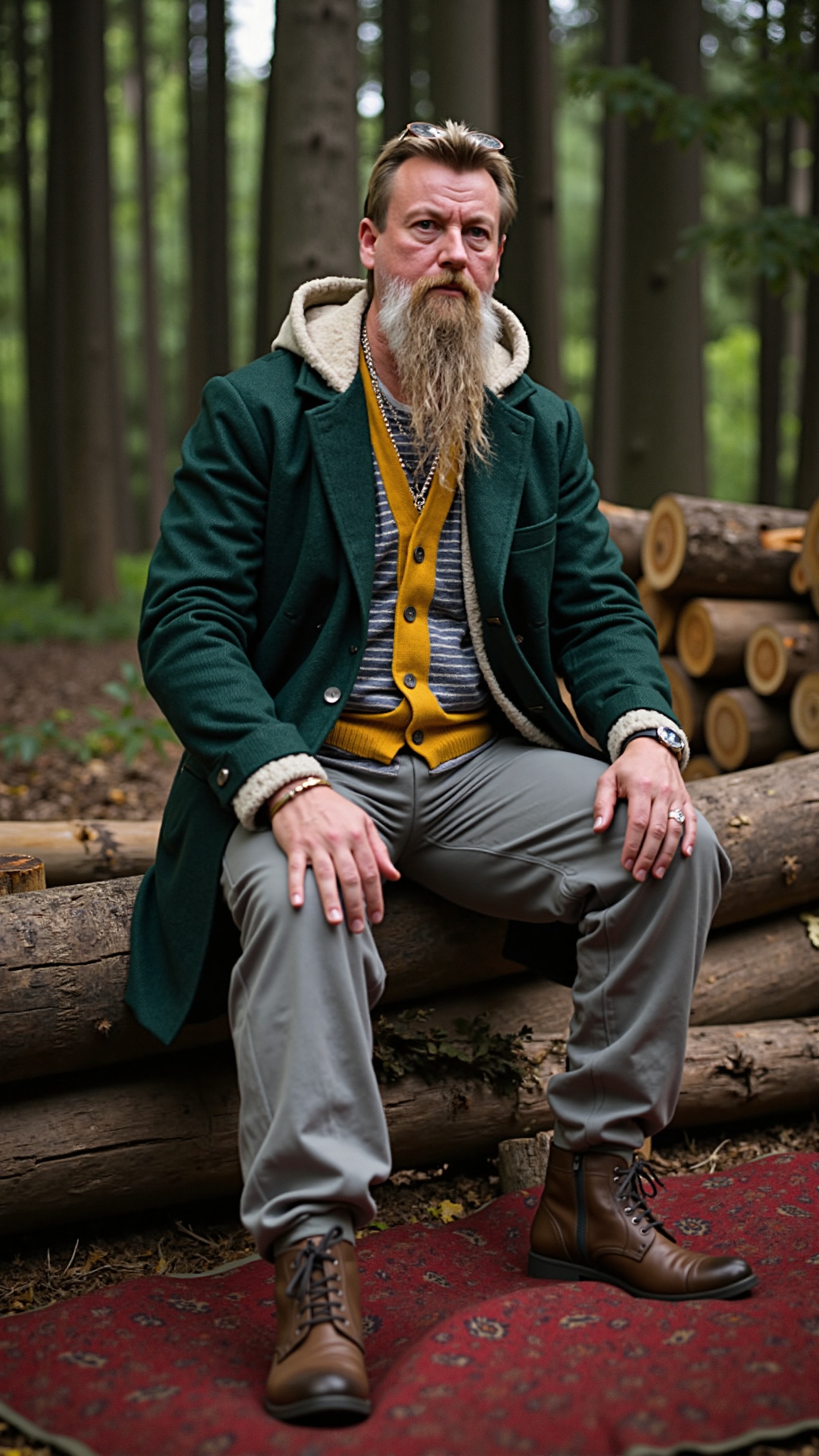 This is a high-resolution photograph of a rugged,  bearded man seated on a pile of chopped firewood in a dense forest. The...