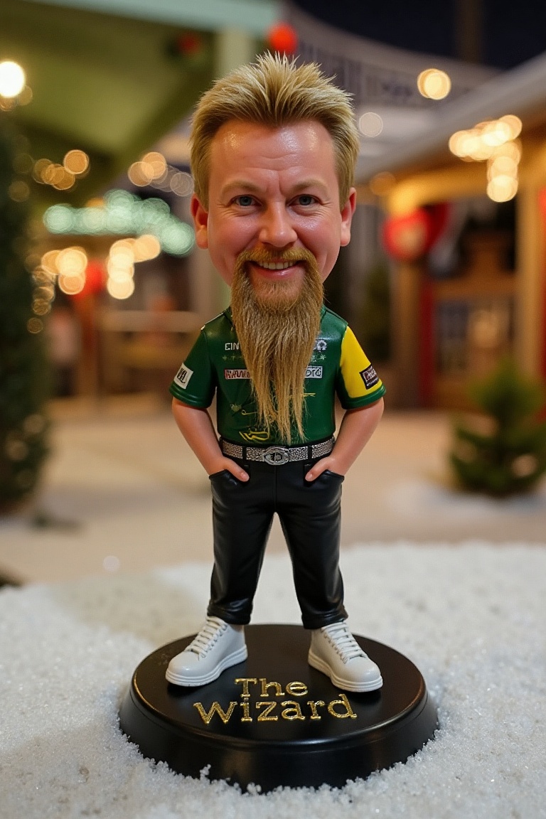 This is a high-resolution photograph of a detailed,  miniature action figure of Simon Whitlock,  standing on a round on Te...