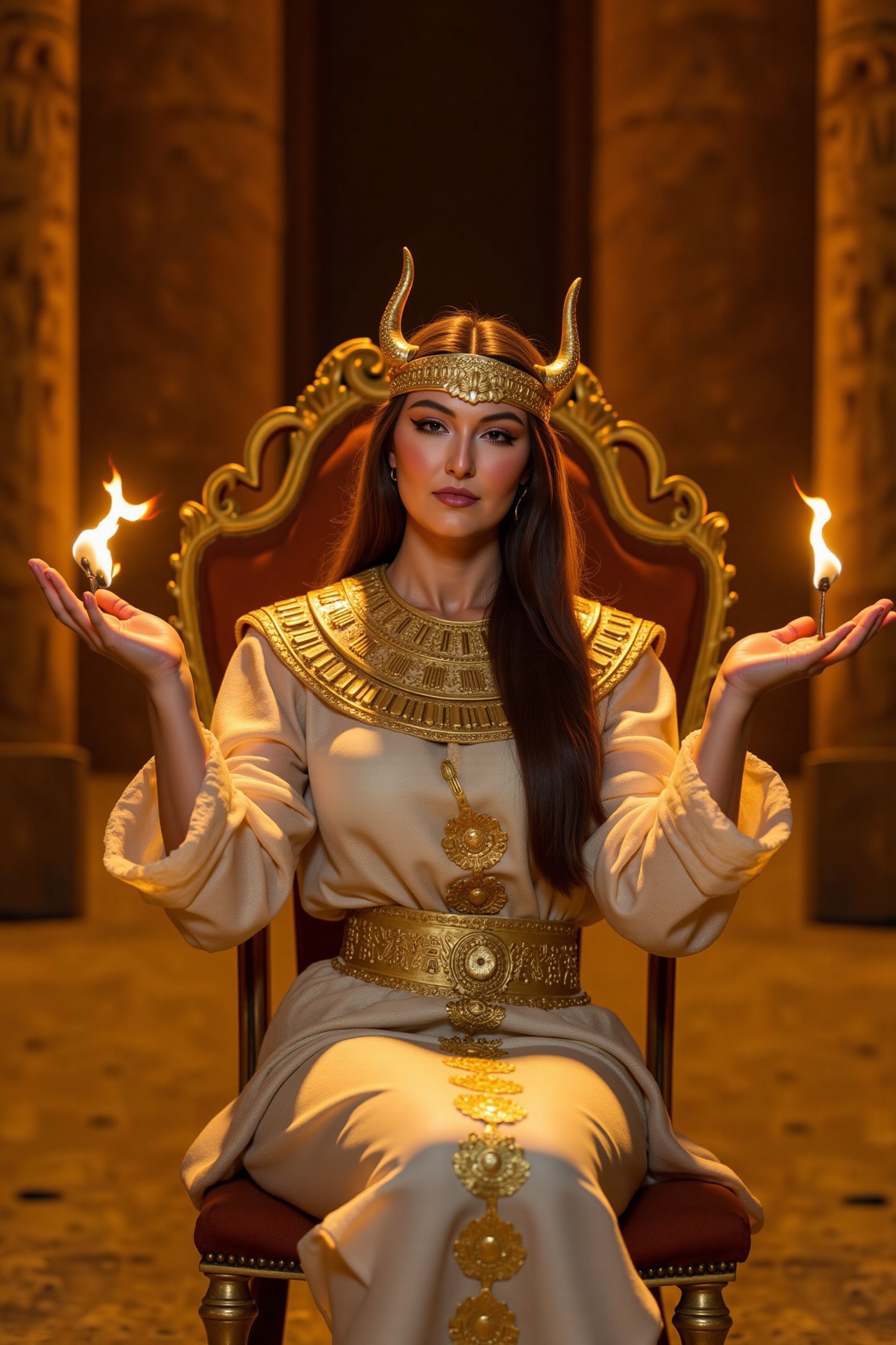Seated on an elaborate golden throne,  Pharaoh Pizz0 raises her hands with regal poise,  addressing her people with a sere...
