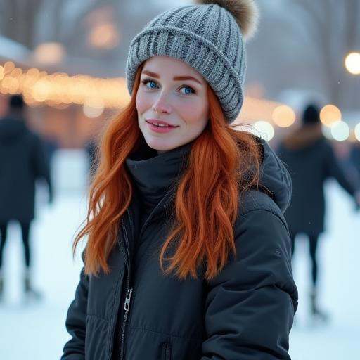 A$i@! stands on a snowy ice rink with fair skin,  striking red hair,  and vibrant blue eyes. Her round face has a slight s...