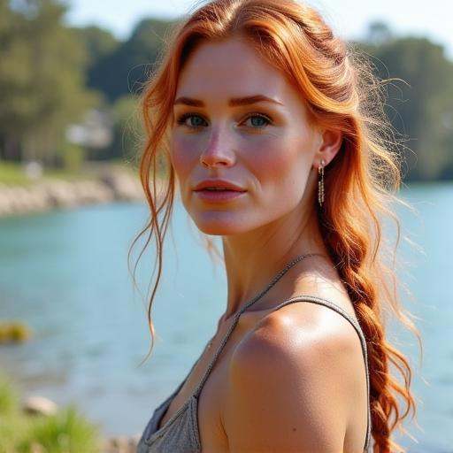 A$i@! stands near a serene body of water,  her fair skin glowing under the warm sunlight. Her red hair,  styled in a loose...