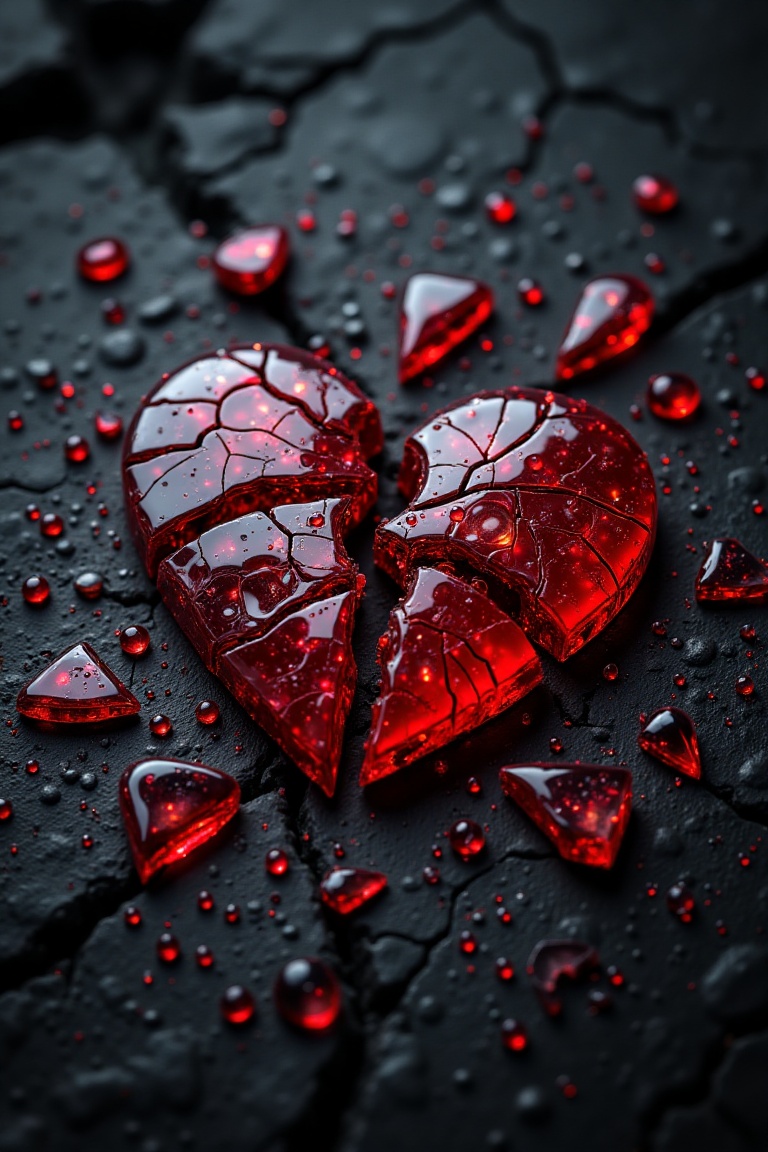 A high-resolution photograph of a broken red heart-shaped object on a dark,  textured surface. The heart is made of smooth...