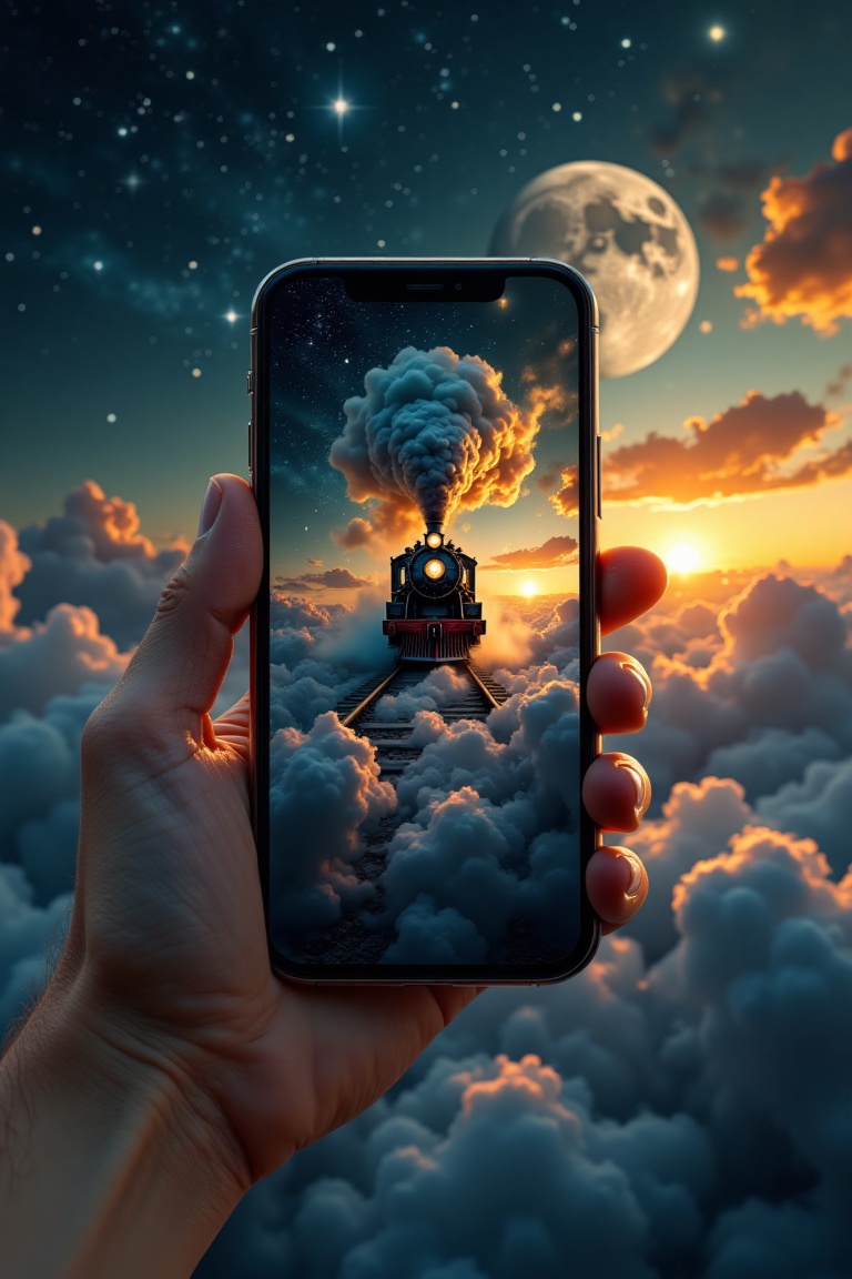 A surreal scene where a hand is holding up a smartphone. The screen displays an imaginative landscape featuring a vintage...