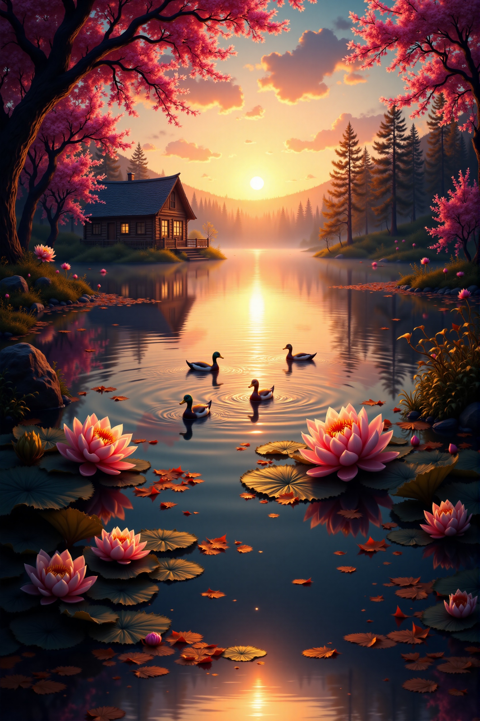 The image depicts a serene lakeside scene during sunset. A cozy wooden cabin with a steeply pitched roof and large windows...