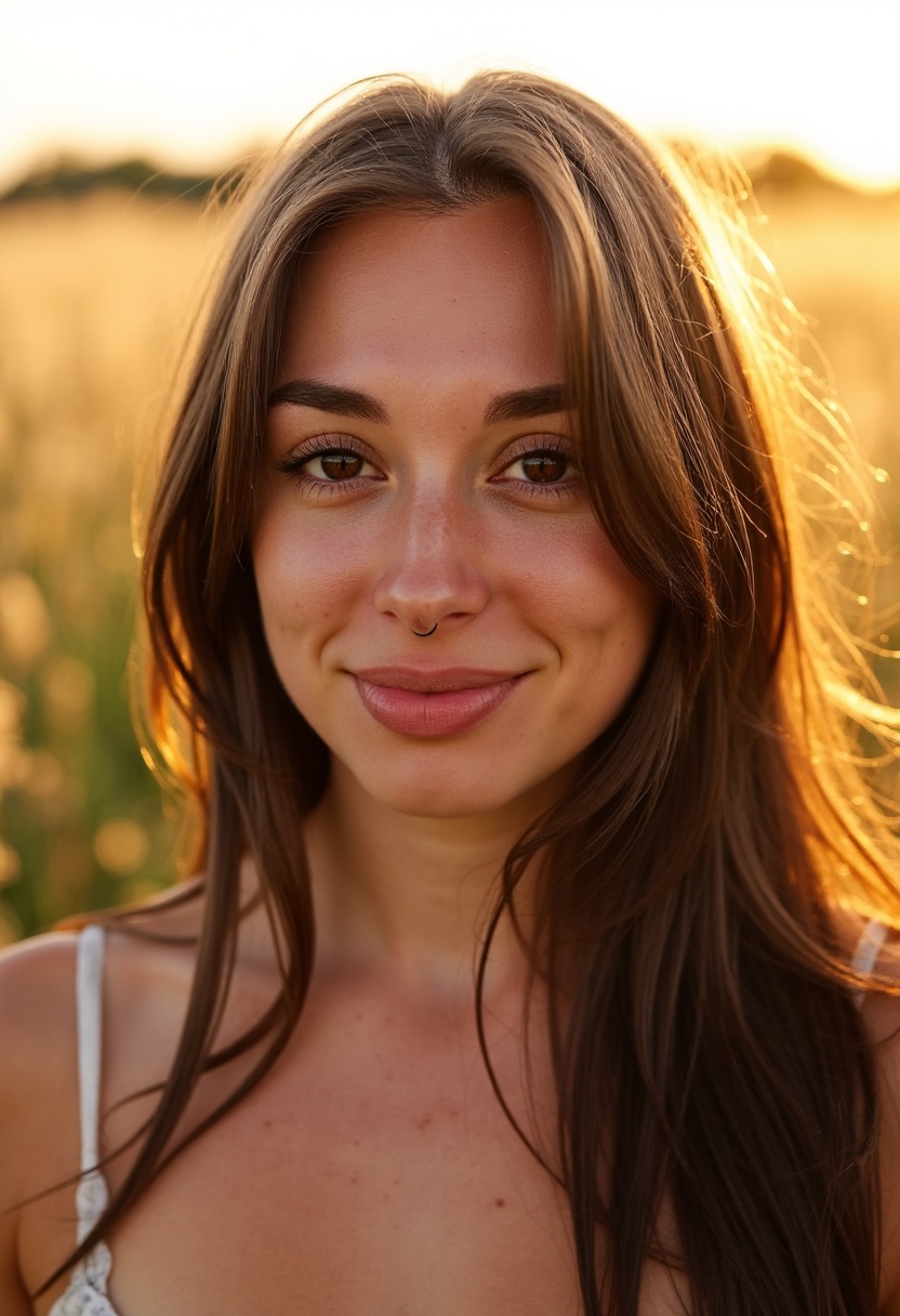 A captivating close-up of an abbie boom woman,  her radiant beauty set against the natural splendor of an open field bathe...