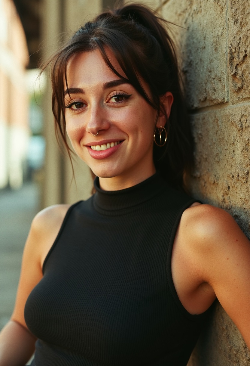 evocative early-90s-inspired portrait,  commanding young abbie boom woman leans casually against a textured wall,  smiling...