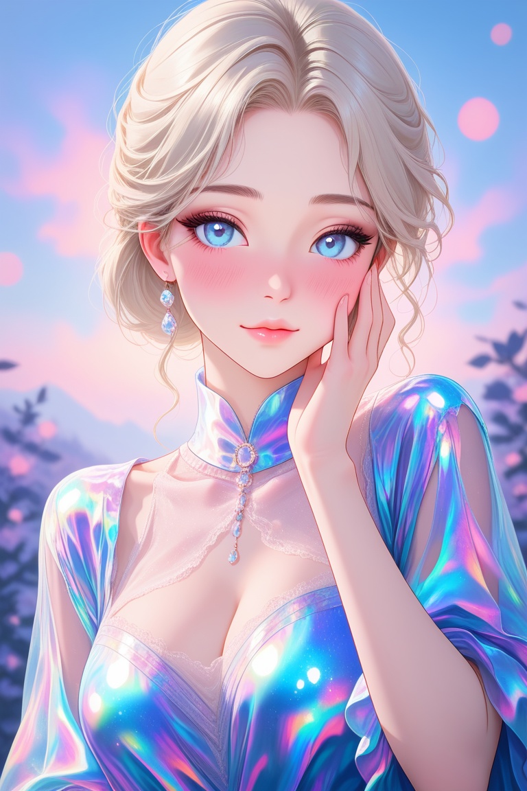 "A hyper-realistic digital painting of a young woman with ethereal beauty,  featuring platinum blonde hair styled in a sli...