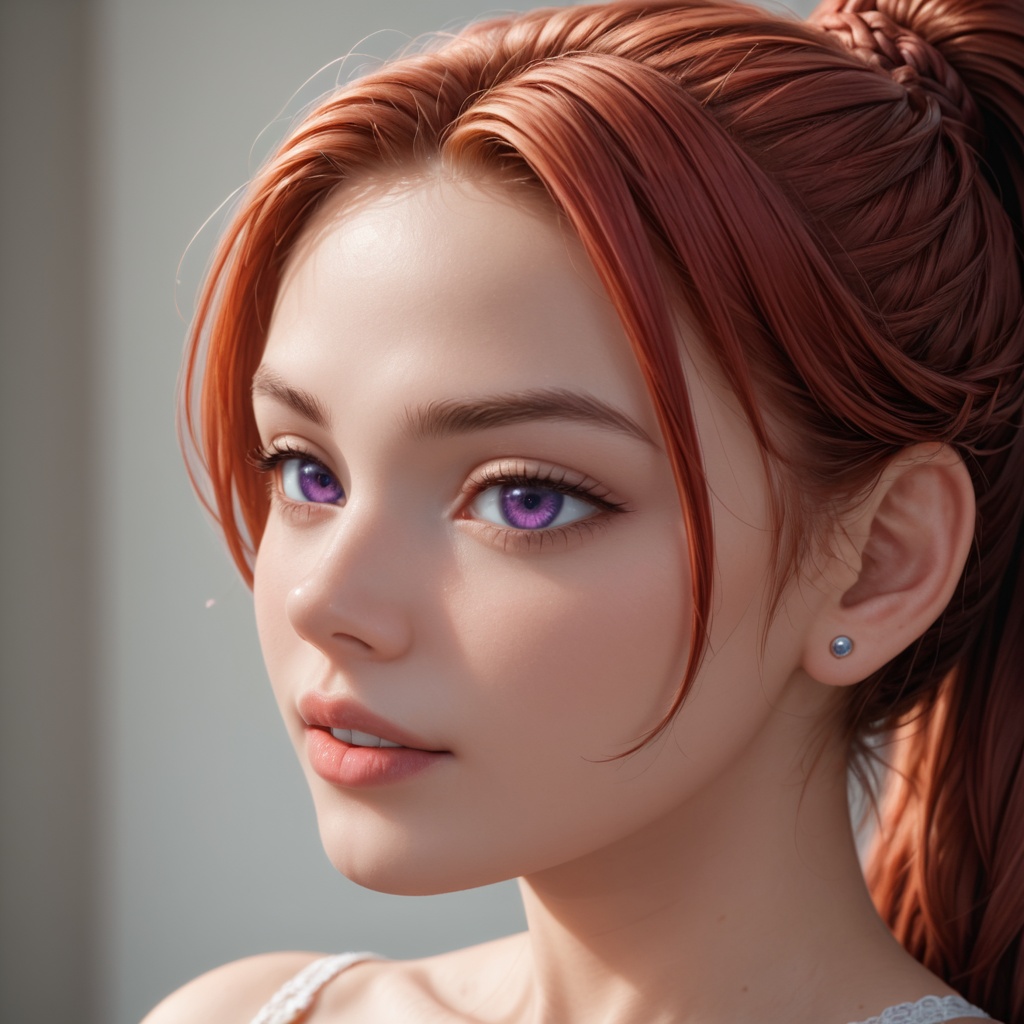 A close-up of a charming young woman with bright eyes and youthful facial features. Her facial expression is calm and coll...