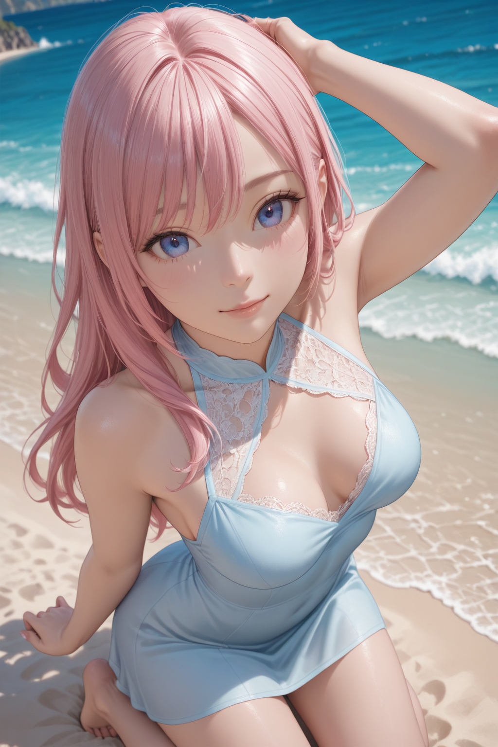 Overhead shot of Luna kneeling on the beach,  with the open sea and beautiful ocean waves stretching out before her. Her p...