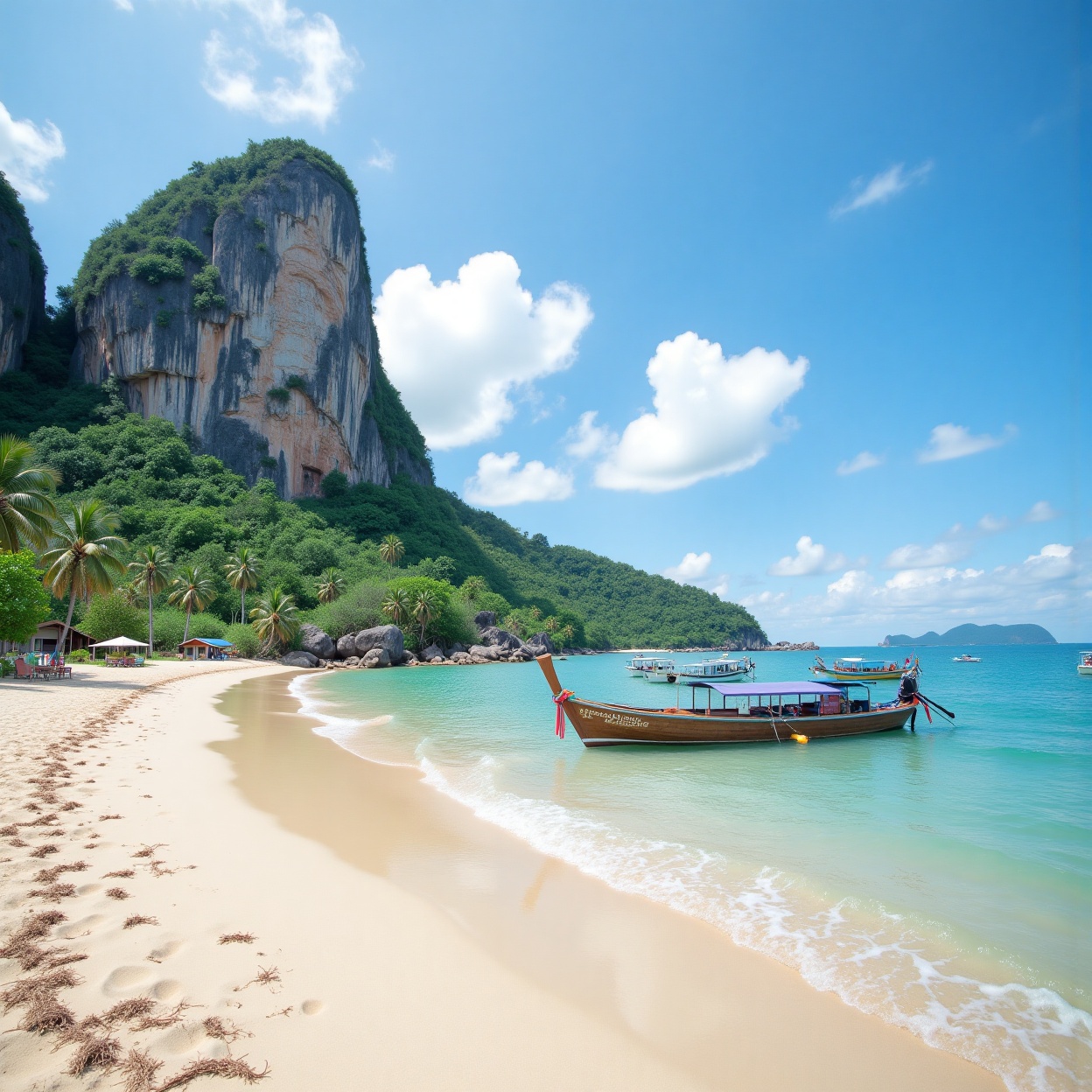 a breathtaking tropical beach with fine golden sand,  crystal-clear turquoise waters,  and traditional wooden long-tail bo...