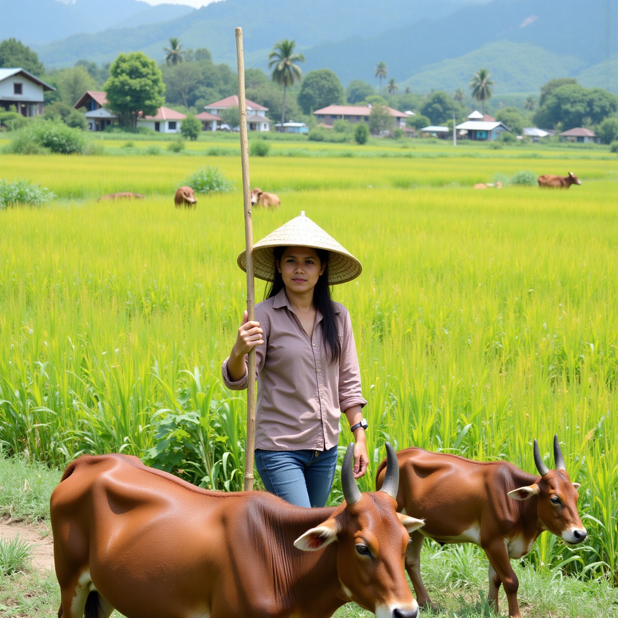 A person wearing a conical hat,  standing on a grassy area,  holding a stick and leading two cows. The background features...