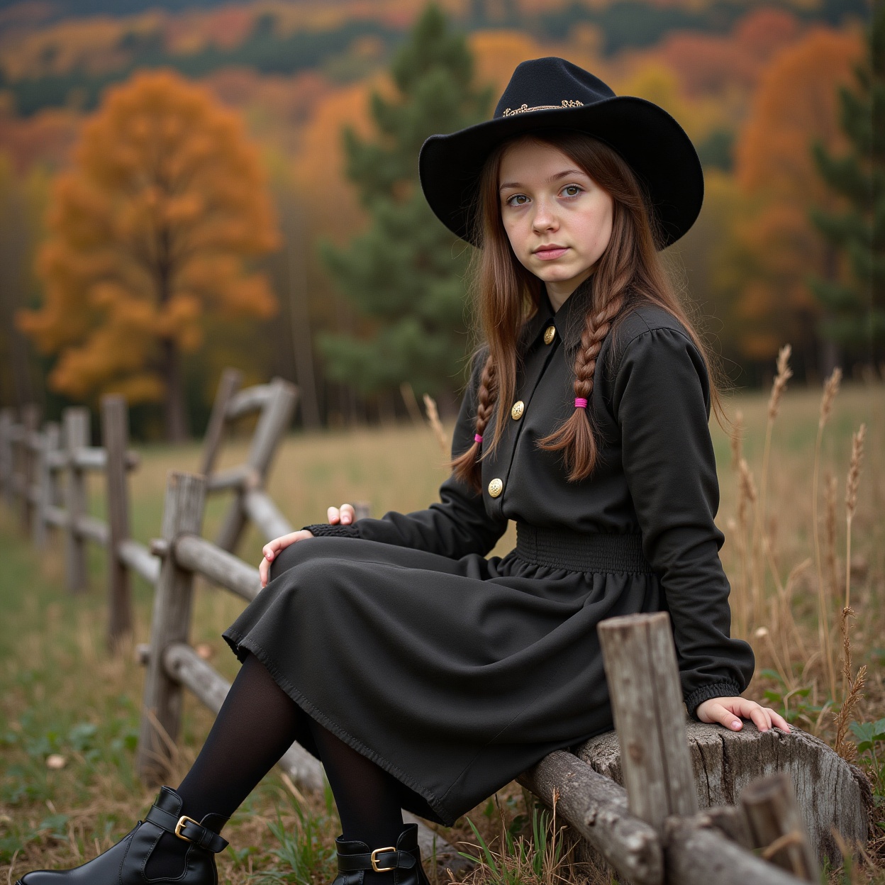 "A young girl with long,  braided hair sits on a rustic wooden fence in an autumn landscape. She wears a dark,  vintage-st...