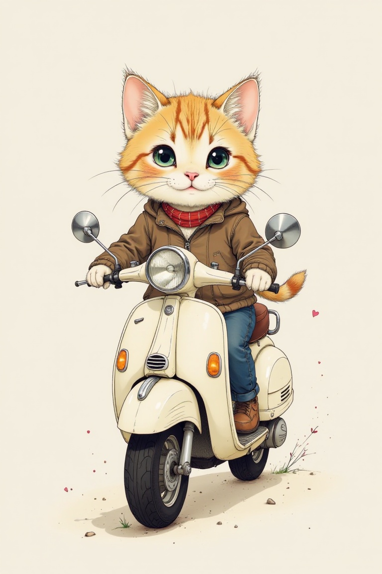 Illistration,  Cute cat on a motorcycle,  Delicate Whimsy on Tensor.Art