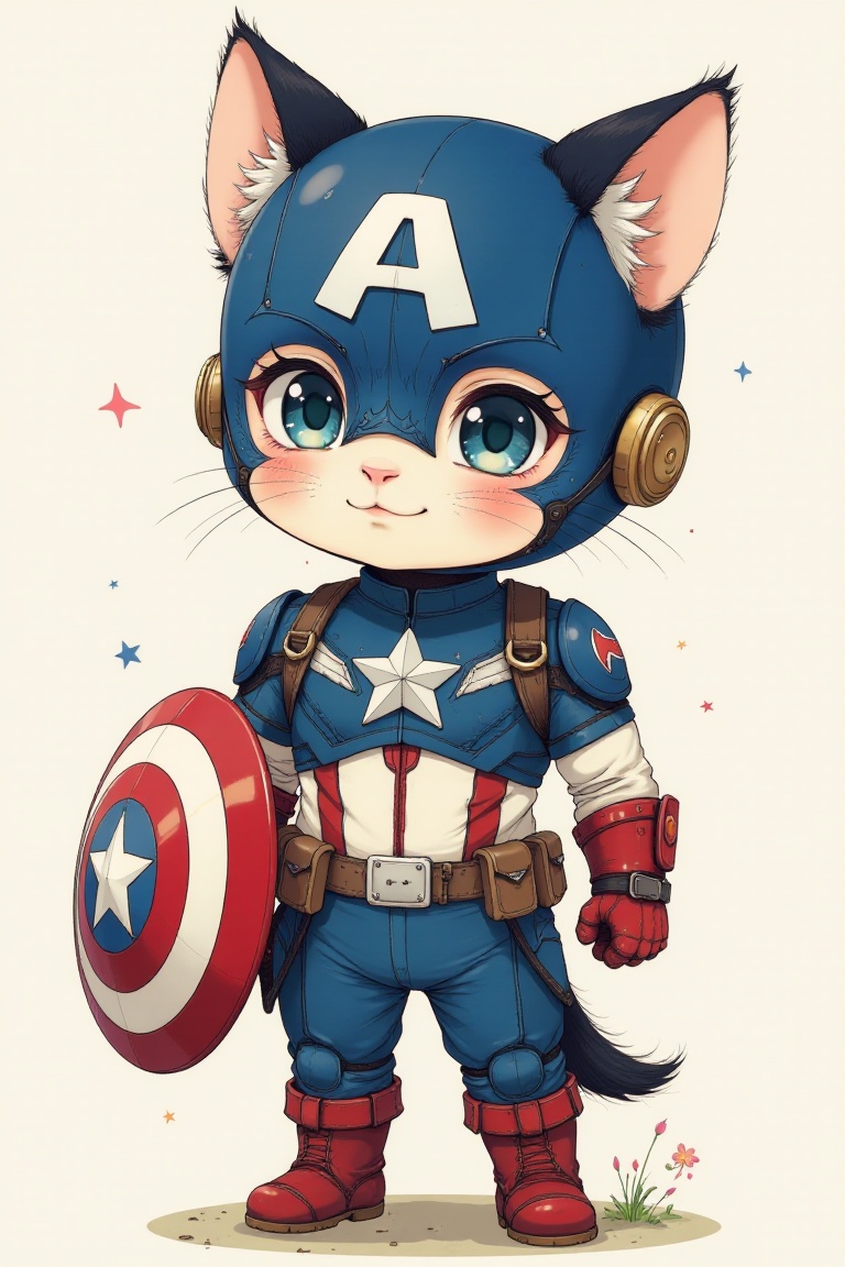 Illustration,  nekomimi in captain america suit,  Delicate Whimsy on Tensor.Art