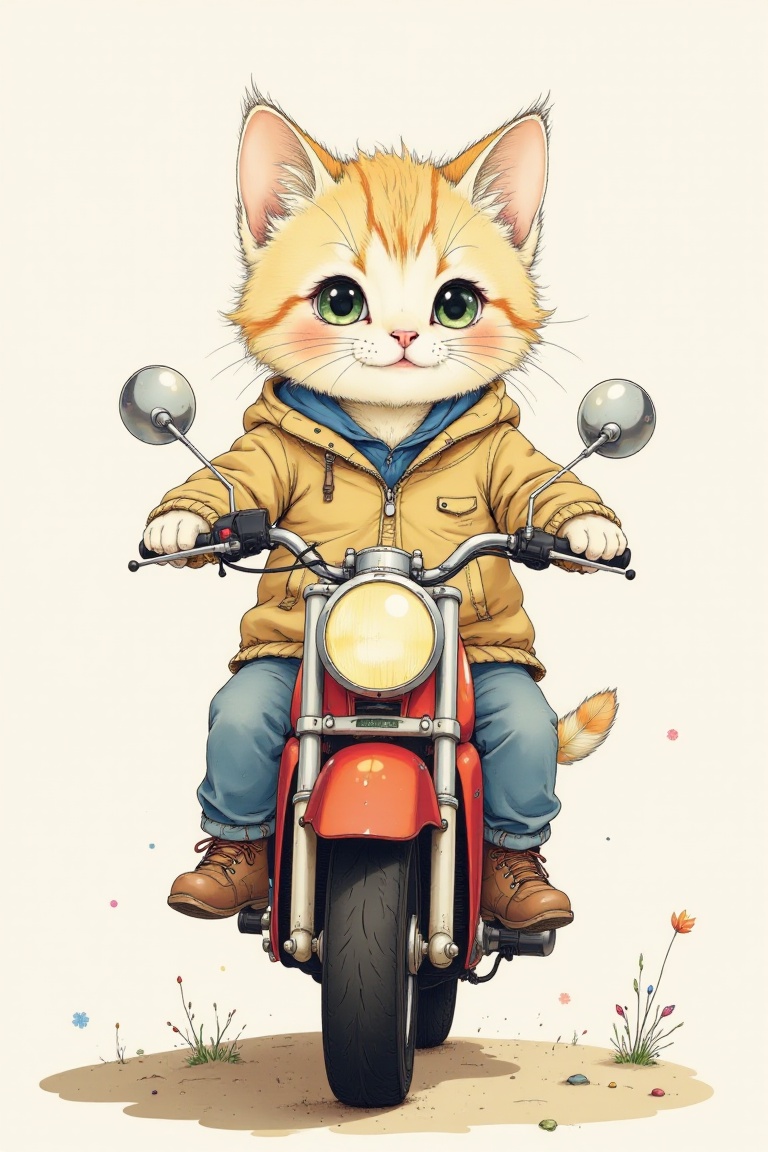 Illustration,  Cute cat on a motorcycle,  Delicate Whimsy on Tensor.Art