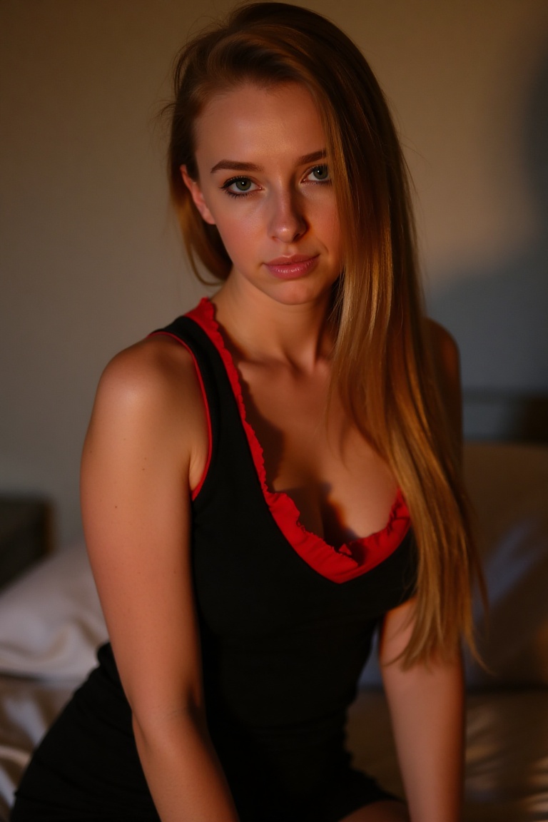 A sultry 20 year-old beauty gazes directly into the camera lens,  her curves accentuated by a fitted black and red dress t...