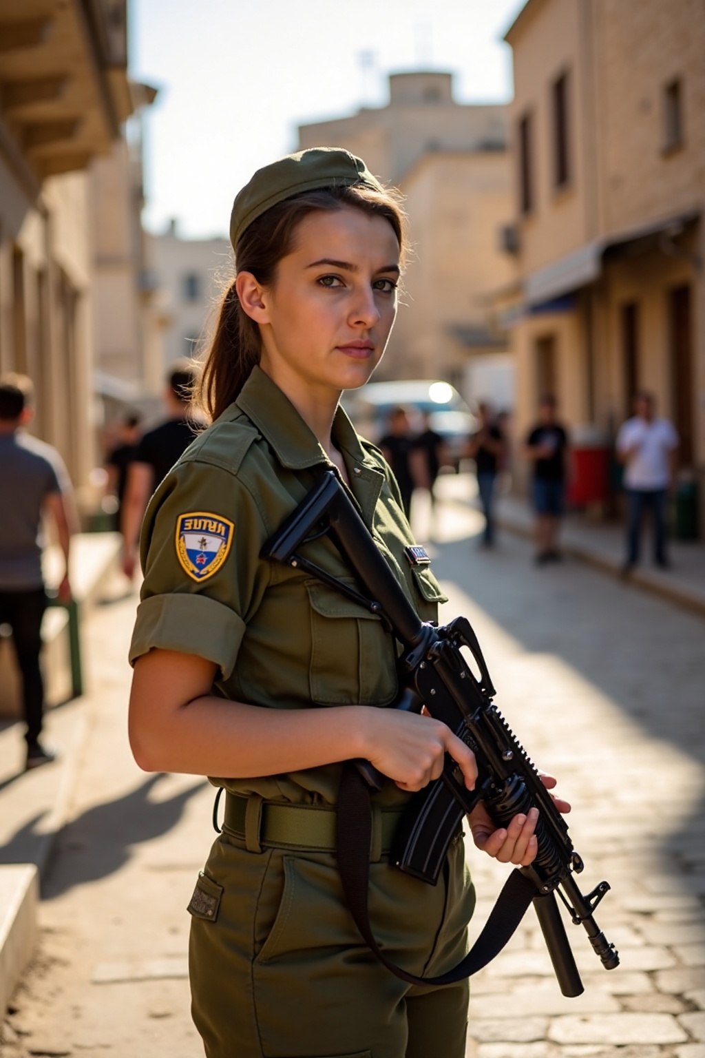 A young Israeli female army officer,  aged 20,  stands tall and alert during a daytime patrol in Jerusalem. She wears a cr...