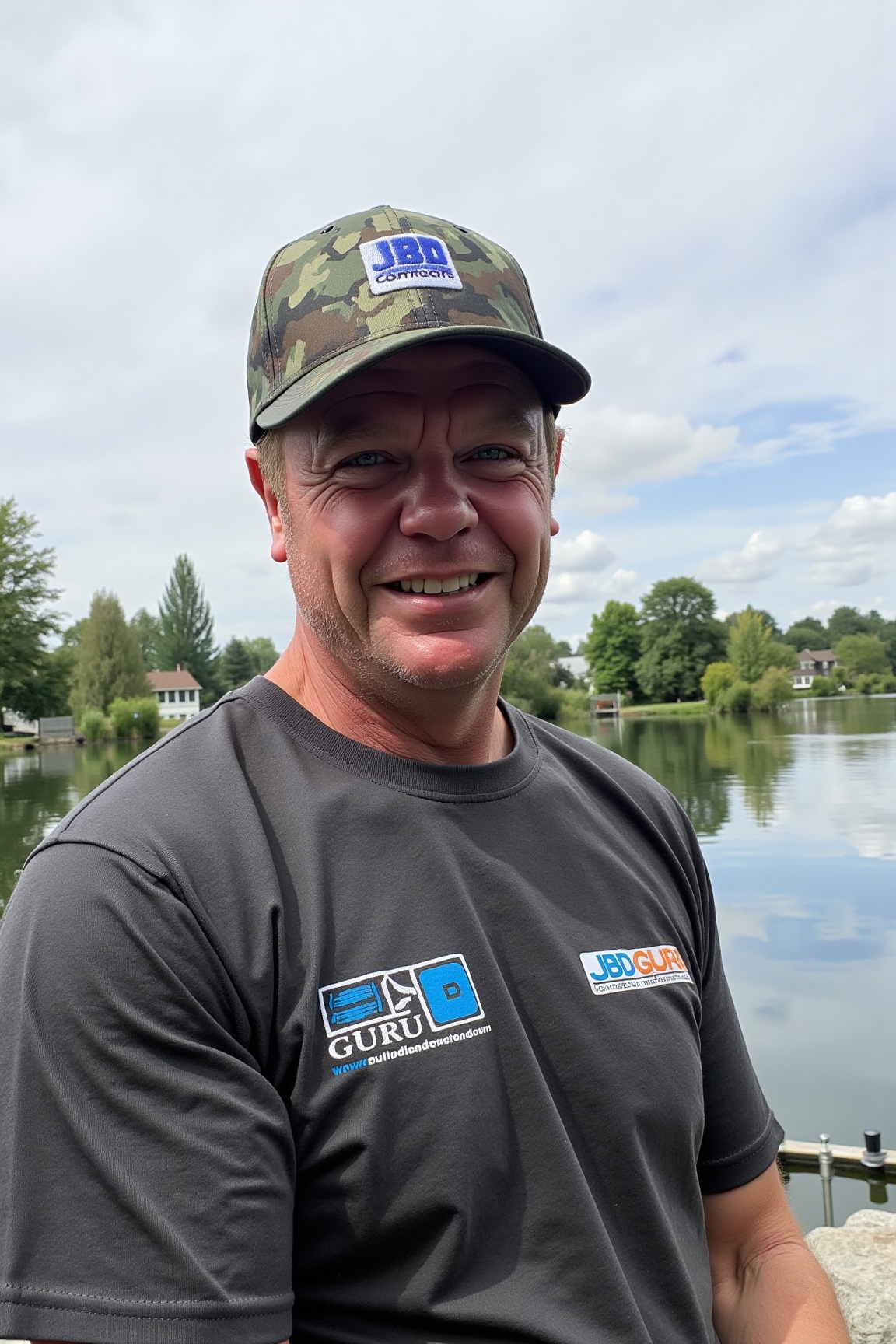 The image is a photograph of a man standing outdoors near a body of water,  likely a lake or pond,  on a partly cloudy day...