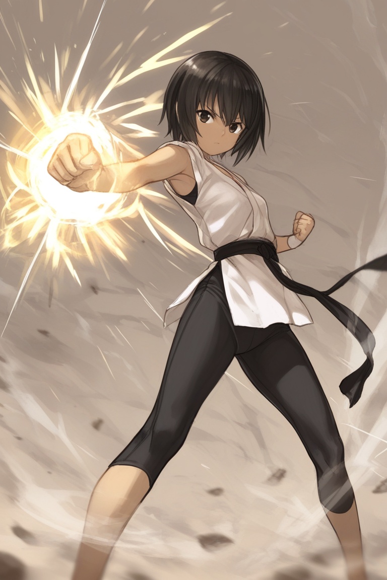 A close-up shot of a petite martial arts enthusiast,  her eyes gleaming with determination as she assumes a powerful fight...