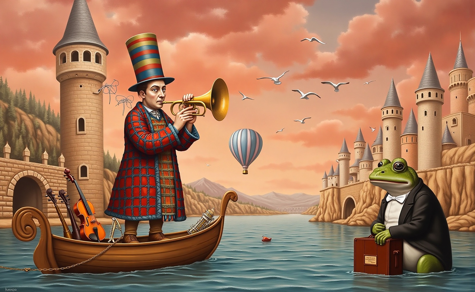 A whimsical,  surrealistic Illusia style painting depicting a fantastical scene set on a body of water. The central figure...