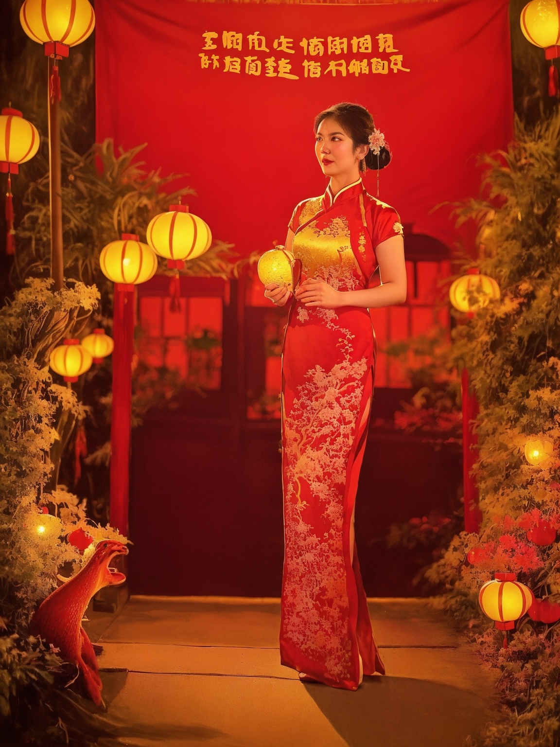 A beautiful and sexy Chinese woman,  wearing a luxurious red qipao with golden embroidery,  standing gracefully in a tradi...