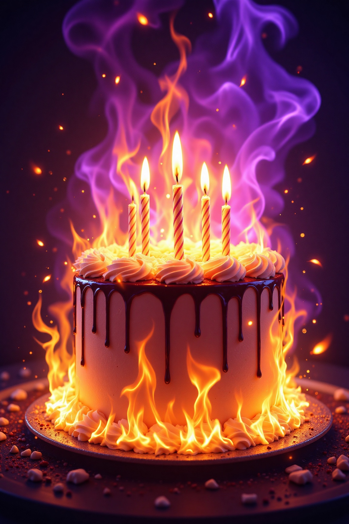 A birthday cake,  completely engulfed in flames,  inferno on Tensor.Art