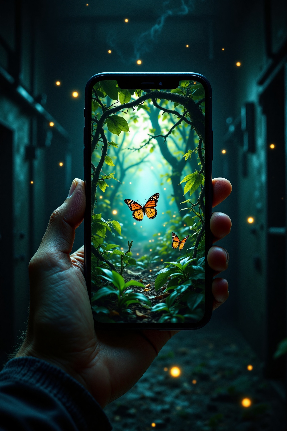 POV image of a man holding a phone with one hand and putting the other hand inside the phone,  inside a very dark prison c...