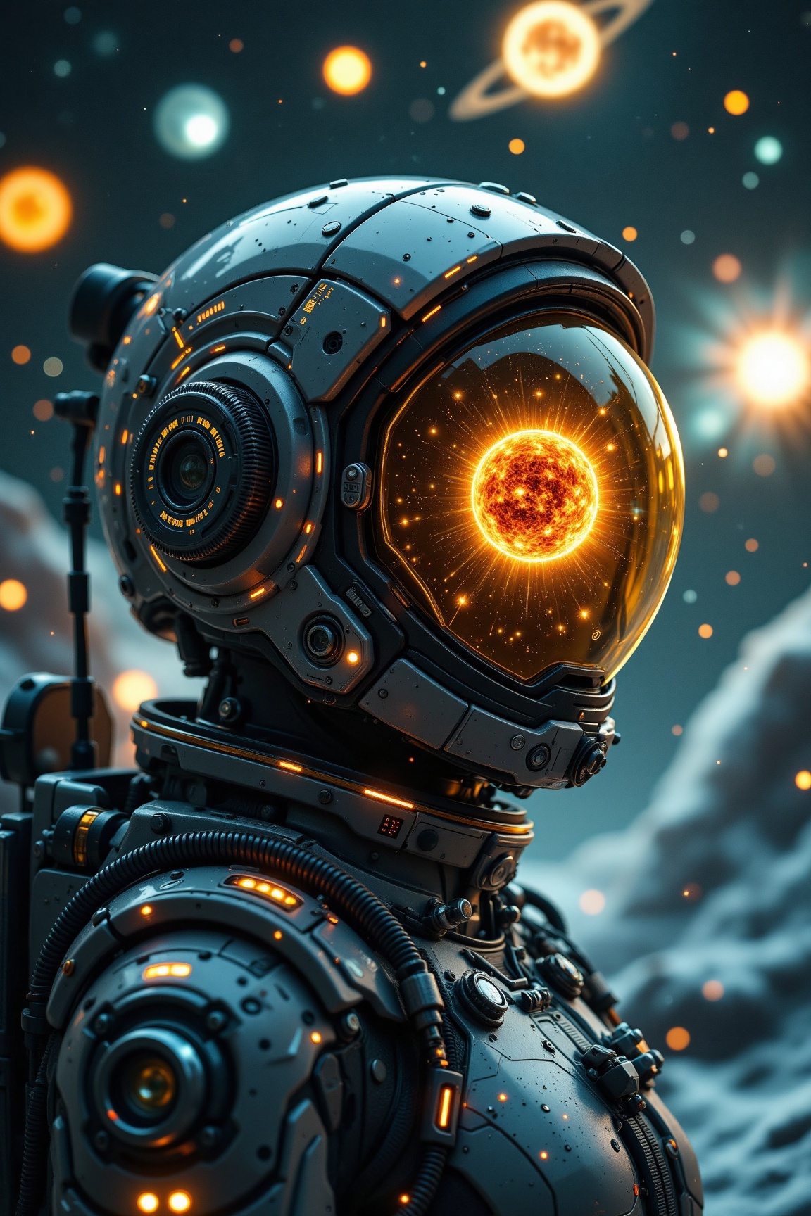 R3alisticF,  A stellar cartographer in a radiation-shielded observation suit covered in astronomical instruments and stell...