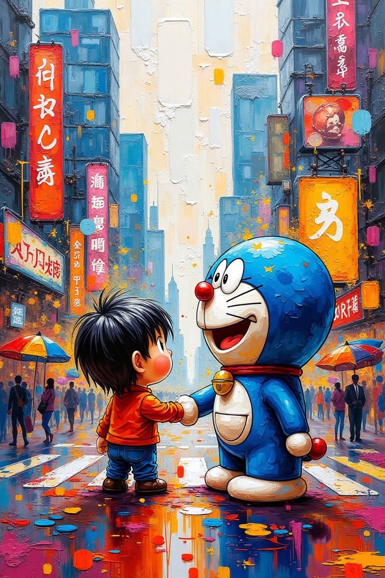 An abstract acrylic art piece featuring Doraemon and Nobita in Tokyo,  set on coarse canvas. Erratic strokes and bold shap...