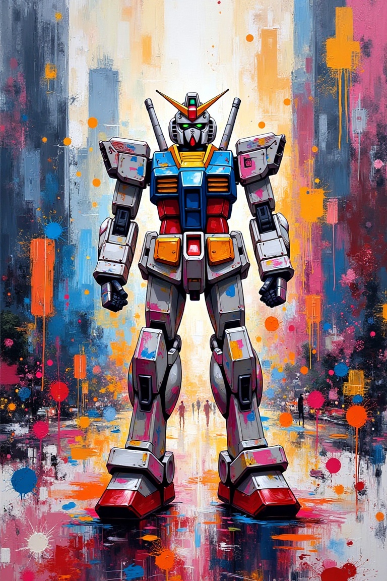 An abstract acrylic art piece featuring a Gundam in New York City,  set on coarse canvas. Erratic strokes and bold shapes...